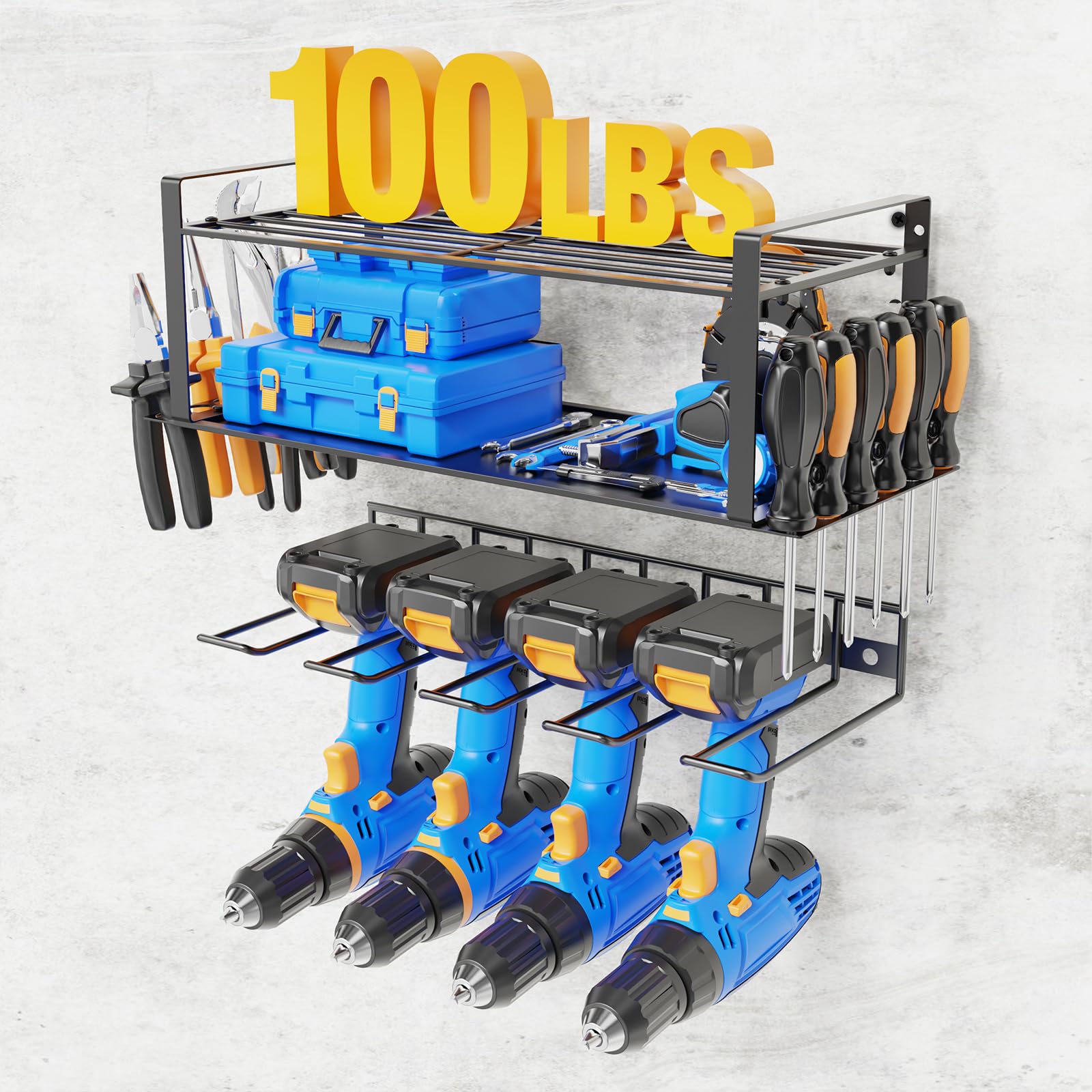LIONONLY Heavy Duty Power Tool Organizer Wall Mount – 100 lb Capacity, 8 Adjustable Drill Holders, Removable Storage for Garage & Workshop – Easy Installation (1 Pack)