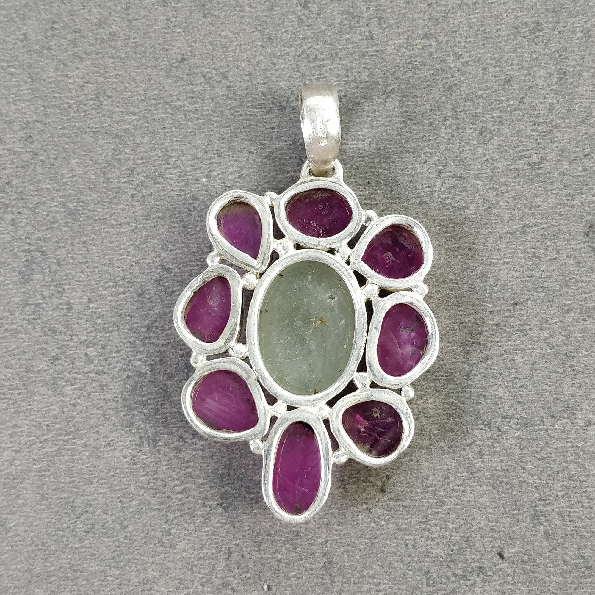 925 Sterling Silver Pendant with Natural Aquamarine & Glass-Filled Red Ruby Gemstones - Cabochon and Faceted Bezel Set Jewelry (2.25
