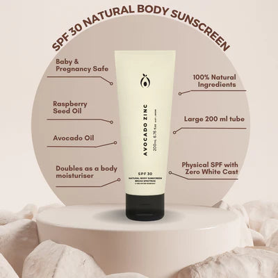 Avocado Zinc SPF 30 Natural Mineral Body Sunscreen - Broad Spectrum Water Resistant Sun Protection for Face & Body - Perfect for Beach, Pool & Outdoor Activities