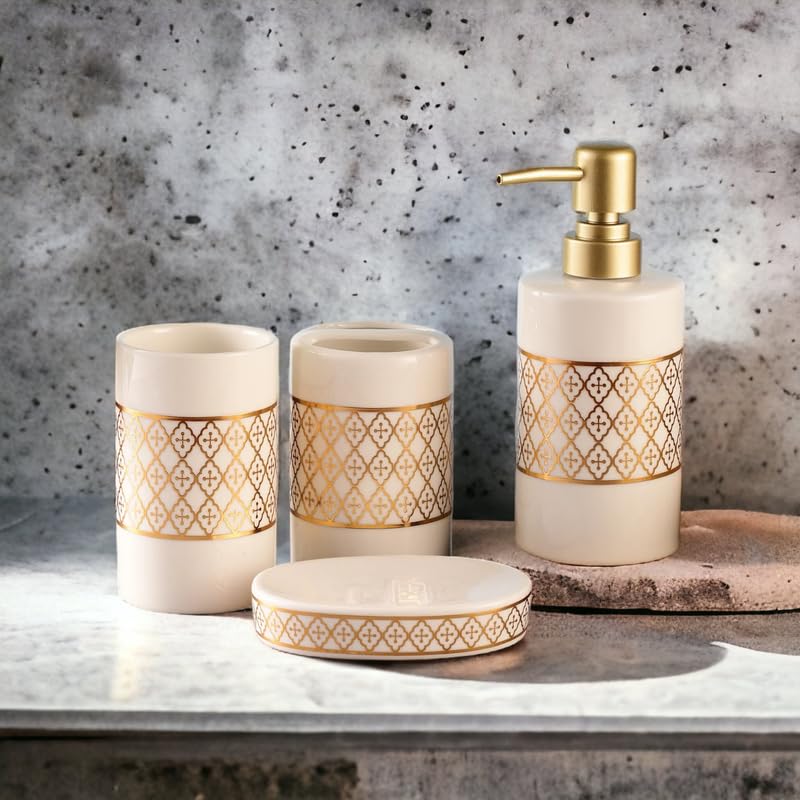 Whizzo Ceramic Bathroom Set - 4pc Soap Dispenser, Toothbrush Holder for Home Decor