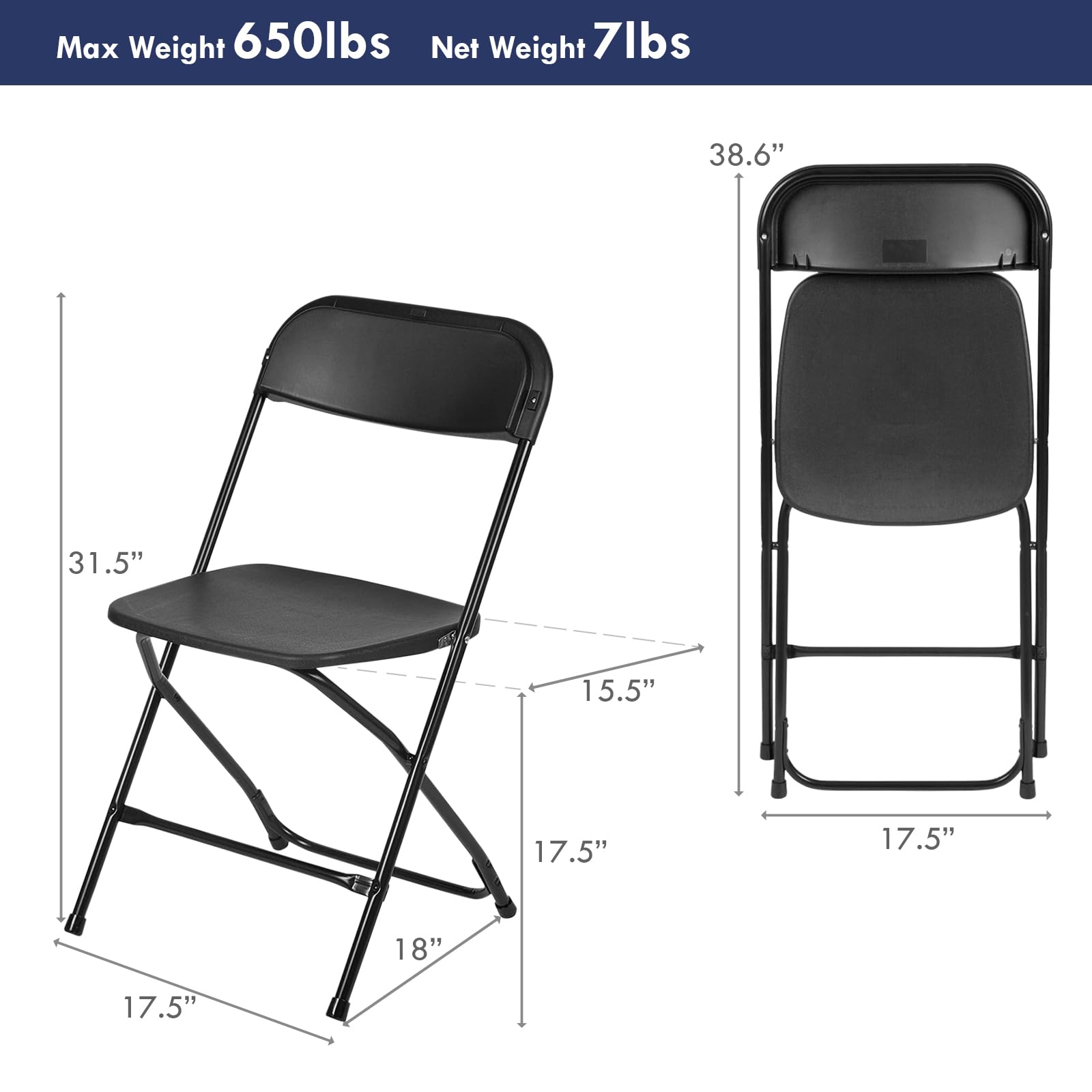AJP Distributors 10-Pack Folding Chairs - Heavy Duty 650 lb Capacity, Stackable & Portable Event Chairs with Back Support for Indoor/Outdoor Use - Perfect for Weddings, Parties, Office Meetings, Picnics, Patio Dining & Garden Gatherings (Black)