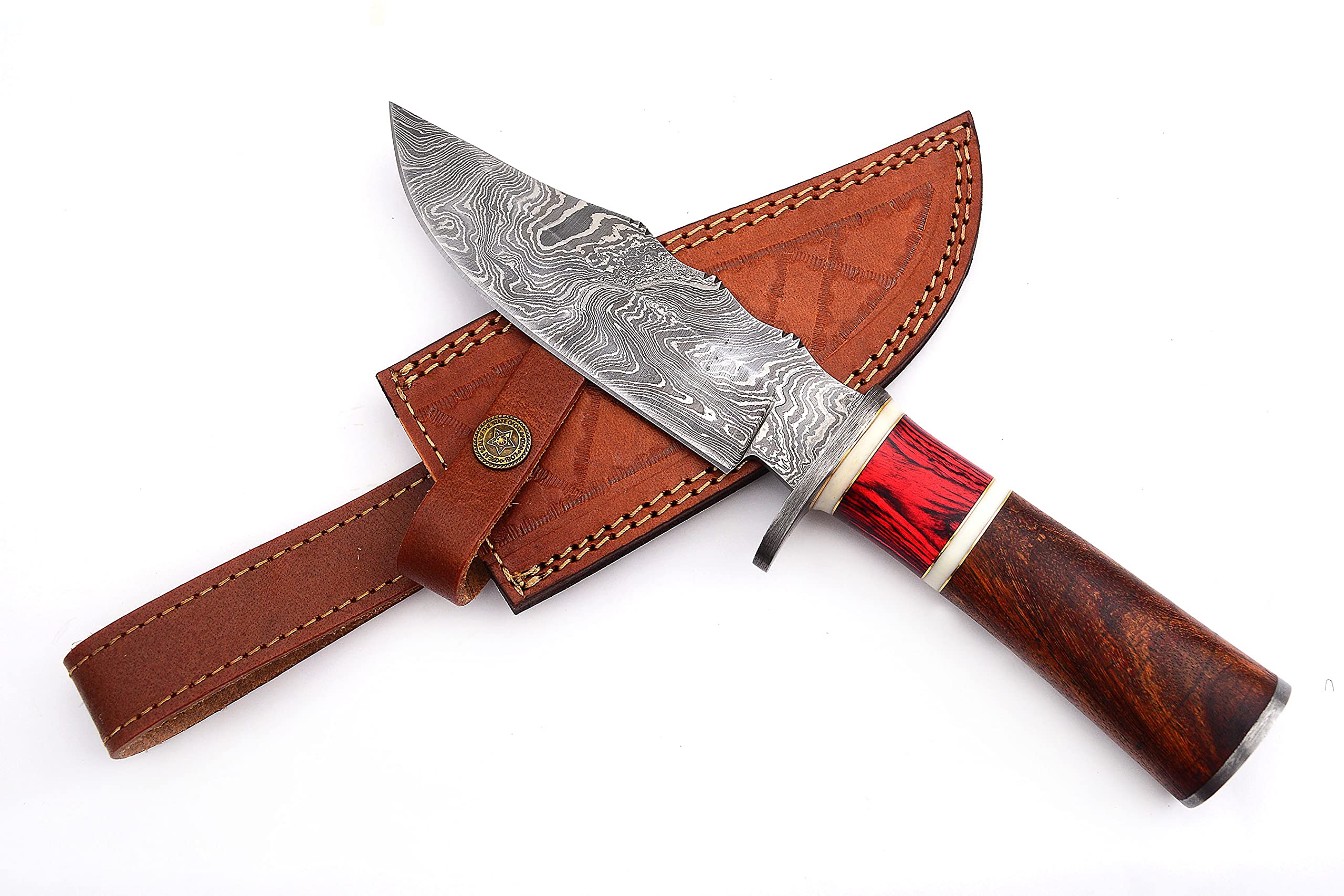Handmade Damascus Steel Bowie Knife with Leather Sheath - Fixed Blade Hunting Knife for Outdoor Camping, Survival & Bushcraft - Perfect Gift for Men & Adventurers