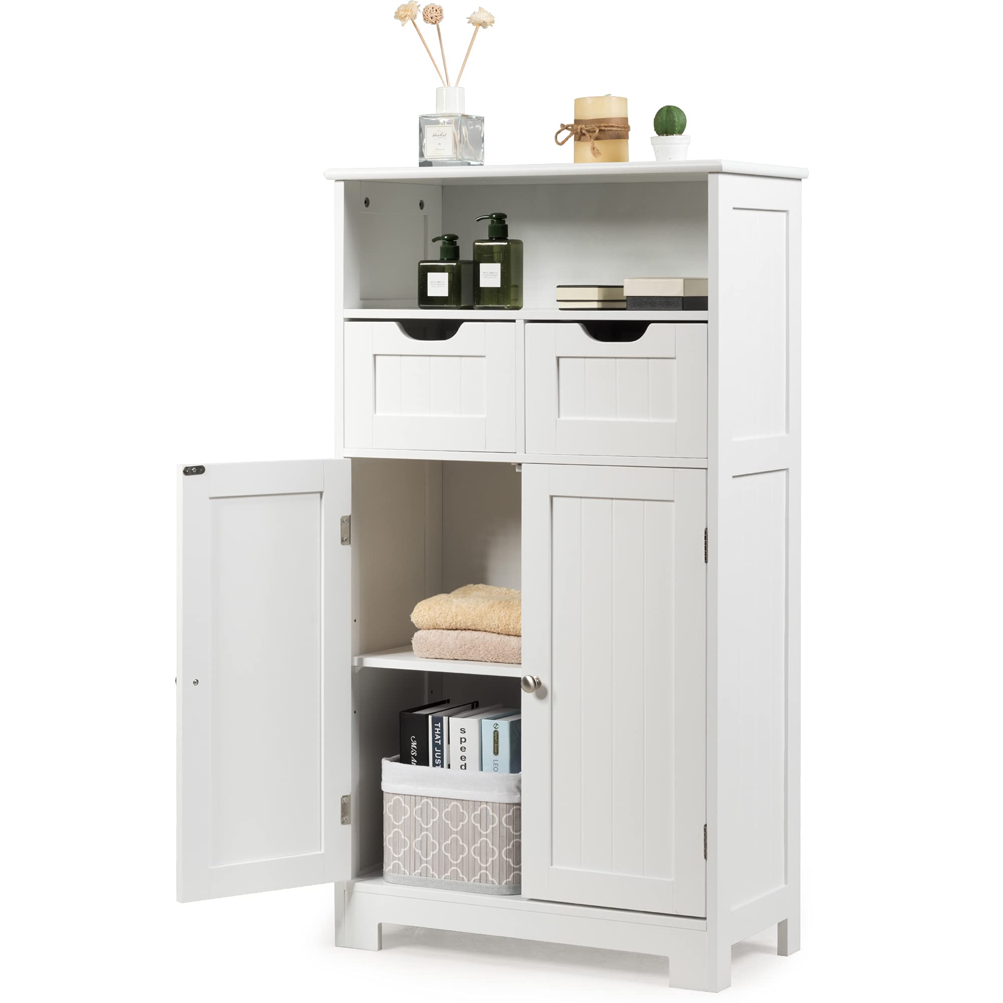 GLACER Multifunctional Floor Storage Cabinet with Removable Drawers & Adjustable Shelf - White Bathroom Organizer for Living Room, Kitchen, Entryway (24