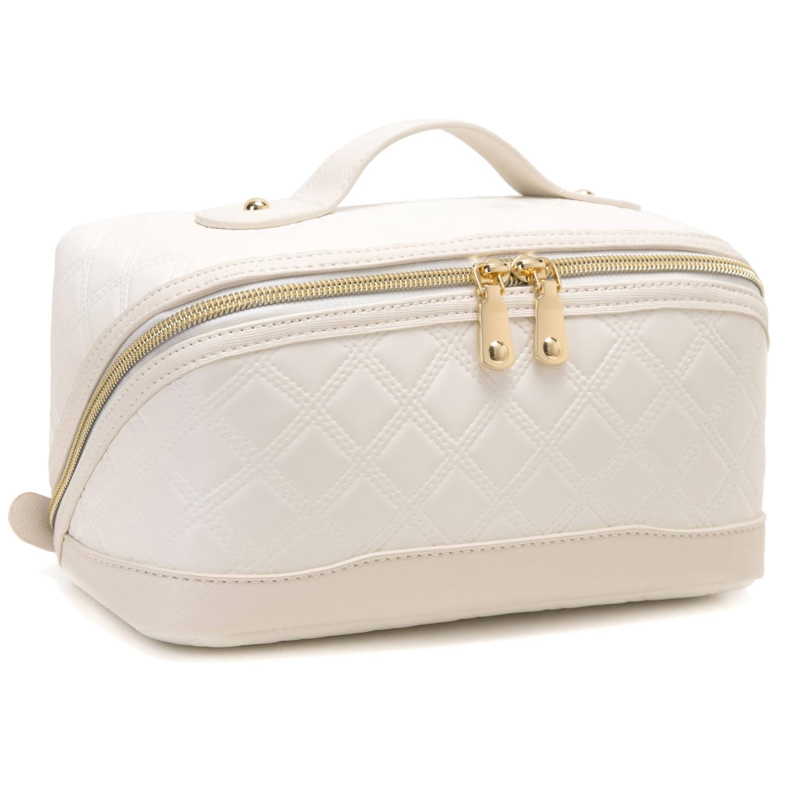 Large Capacity Travel Makeup Bag for Women - PU Leather Checkered Cosmetic Organizer with Handle & Divider | Perfect for Vacation, Gym & Daily Use (Beige)