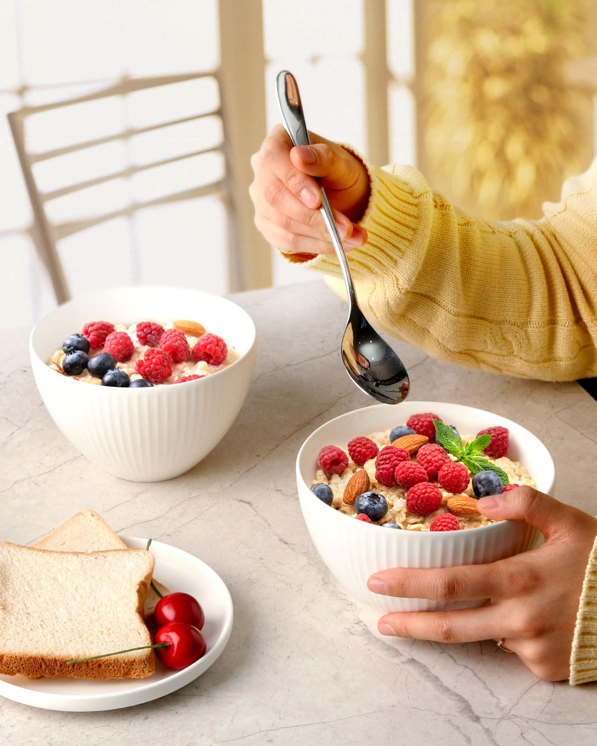 Nutriups 6-Pack 25oz Ceramic Soup & Cereal Bowls - 5.5 Inch Deep Oatmeal, Chili & Salad Bowls - Oven & Microwave Safe White Dinnerware Set - Perfect for Breakfast, Family Meals & Entertaining