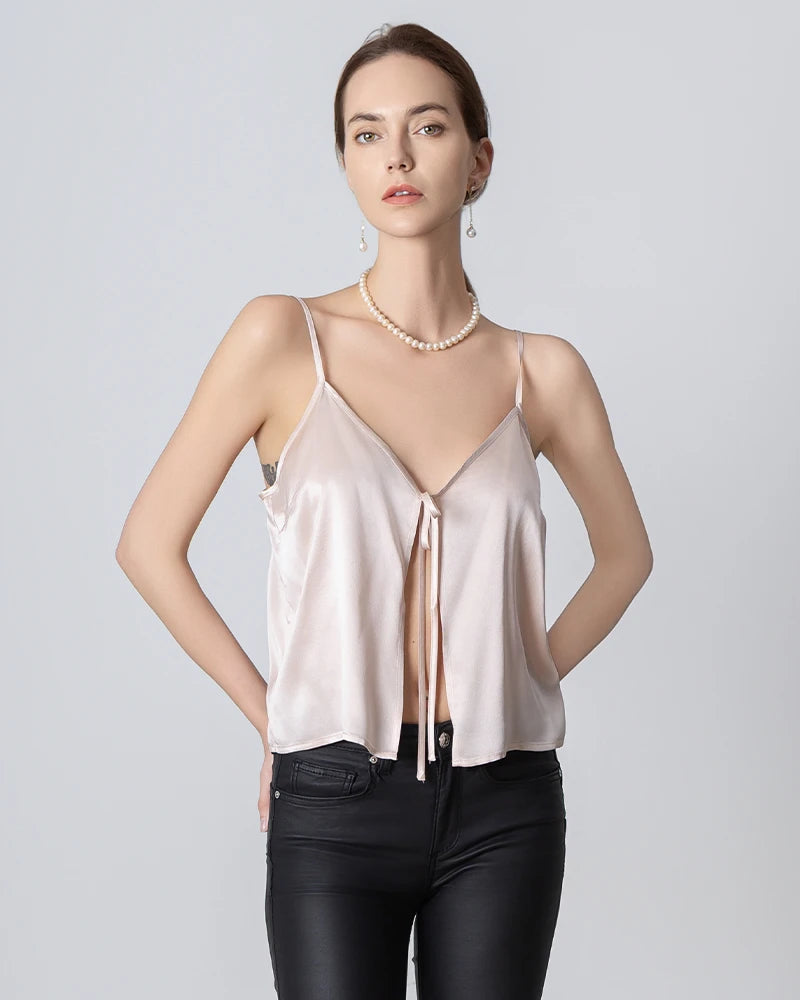 Elegant V-Neck Front Open Silk Camisole for Women - Soft & Breathable Sleepwear, Loungewear & Layering Piece - Perfect for Bedtime, Relaxing at Home or Under Blazers