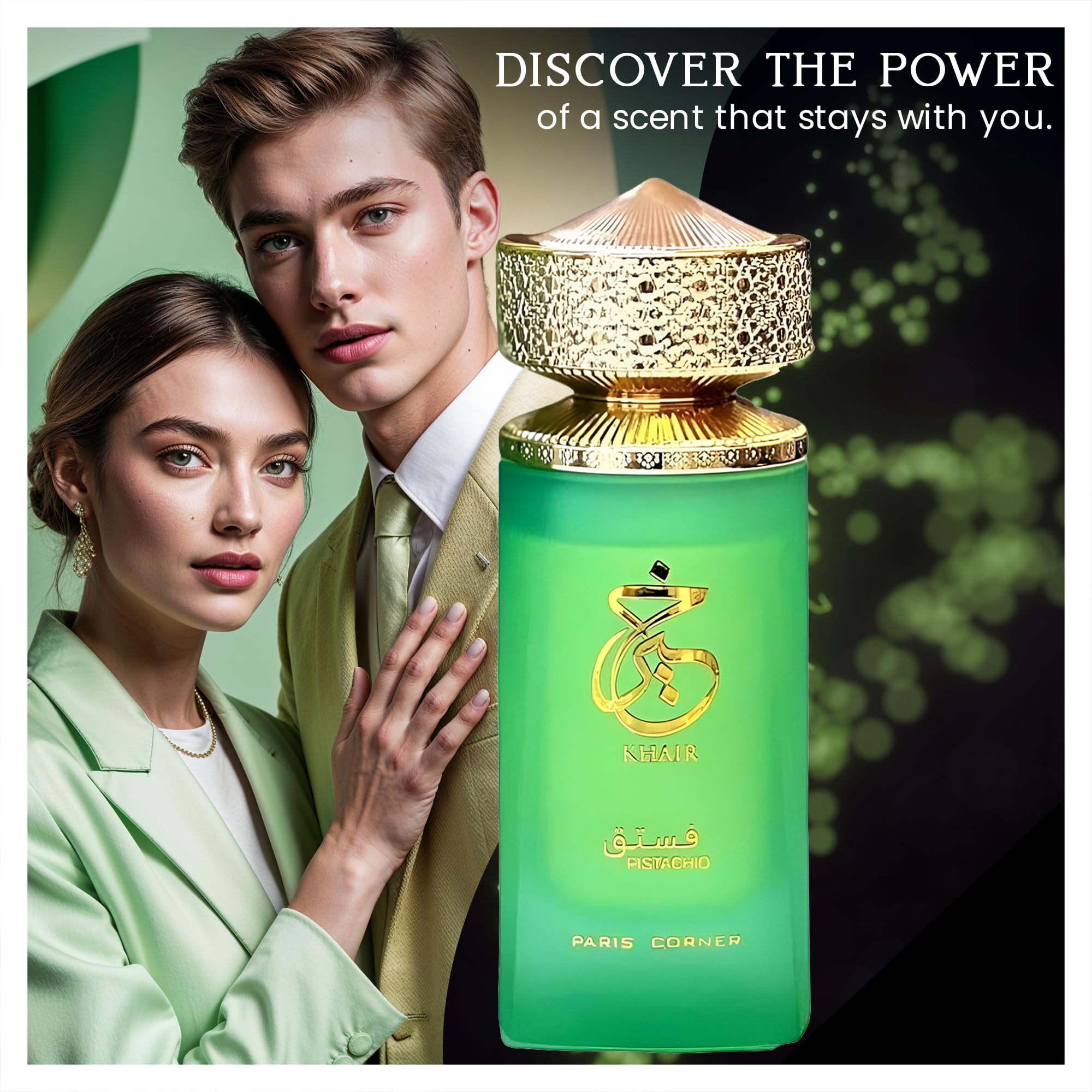 Paris Corner Pistachio Khair Eau de Parfum for Men 3.4oz | Luxury Fragrance Gift Set with Travel Refillable Bottle & 2 Car Air Fresheners | Perfect for Gifting, Date Nights & Office Wear