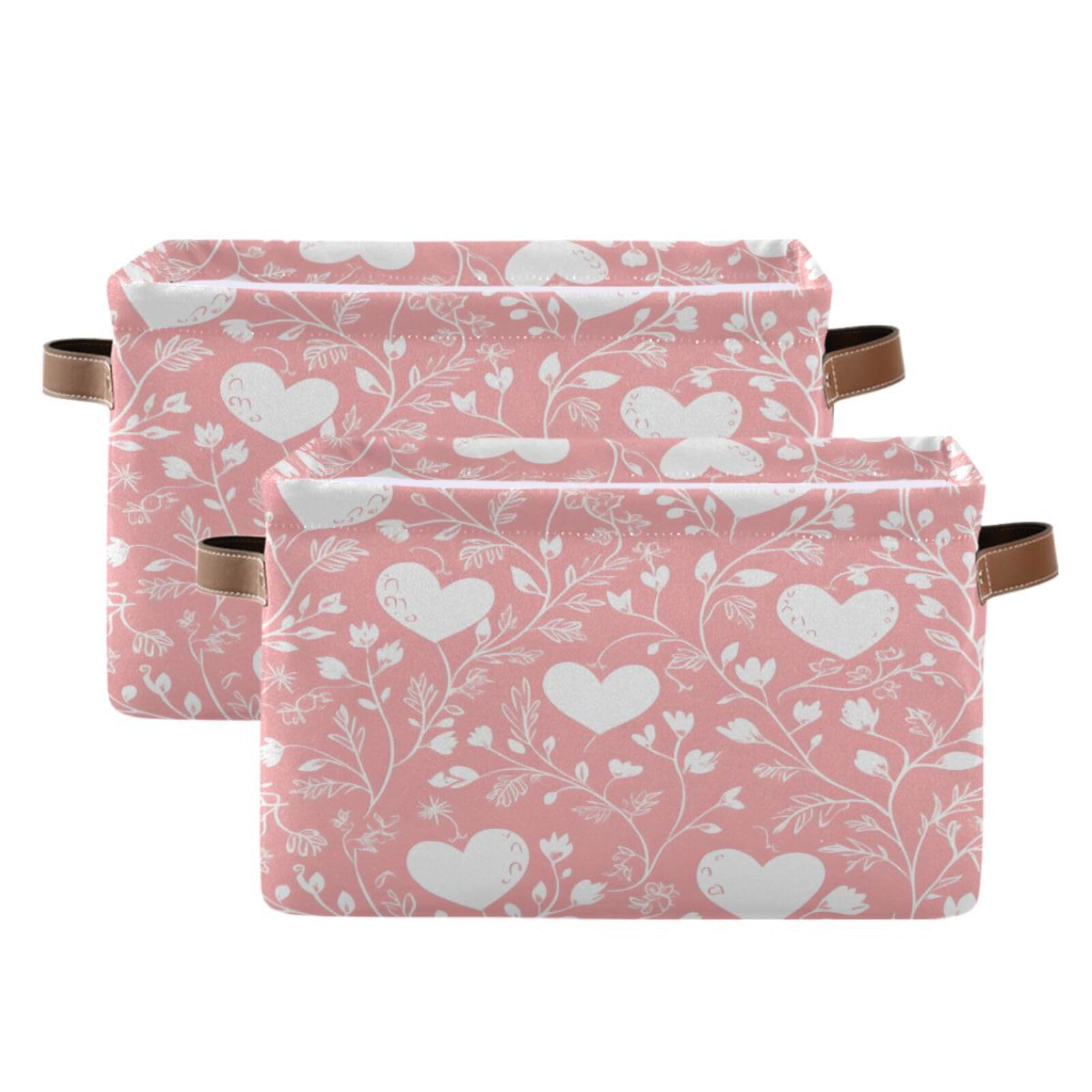 Kigai White Hearts Storage Bins for Shelves - Foldable Double Handle Storage Baskets with Metal Frame, Rectangular Closet Organizer Containers for Home & Bedroom - Perfect for Clothes, Toys, and Home Organization