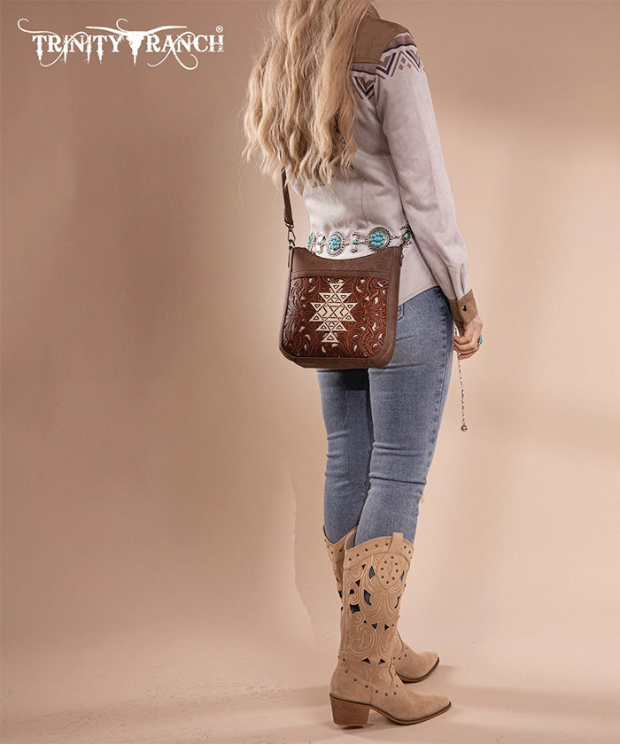 Trinity Ranch Tooled Leather Crossbody Bag Set for Women - Western Style Handbag Purse with Adjustable Strap - Perfect for Travel, Shopping & Everyday Use