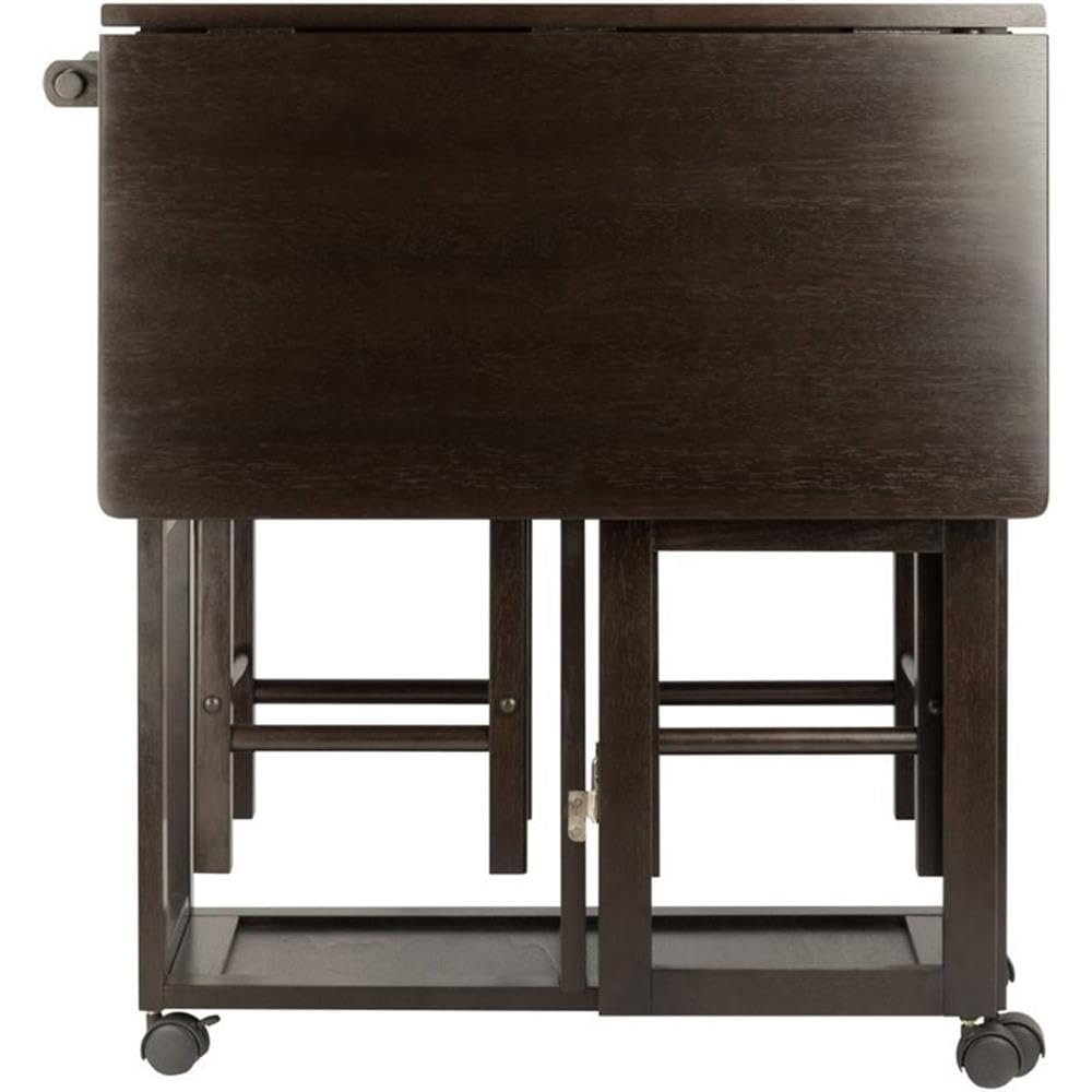 Pemberly Row 3-Piece Solid Wood Drop Leaf Space Saving Dining Table Set in Coffee Brown - Perfect for Small Apartments, Breakfast Nooks & Compact Kitchens