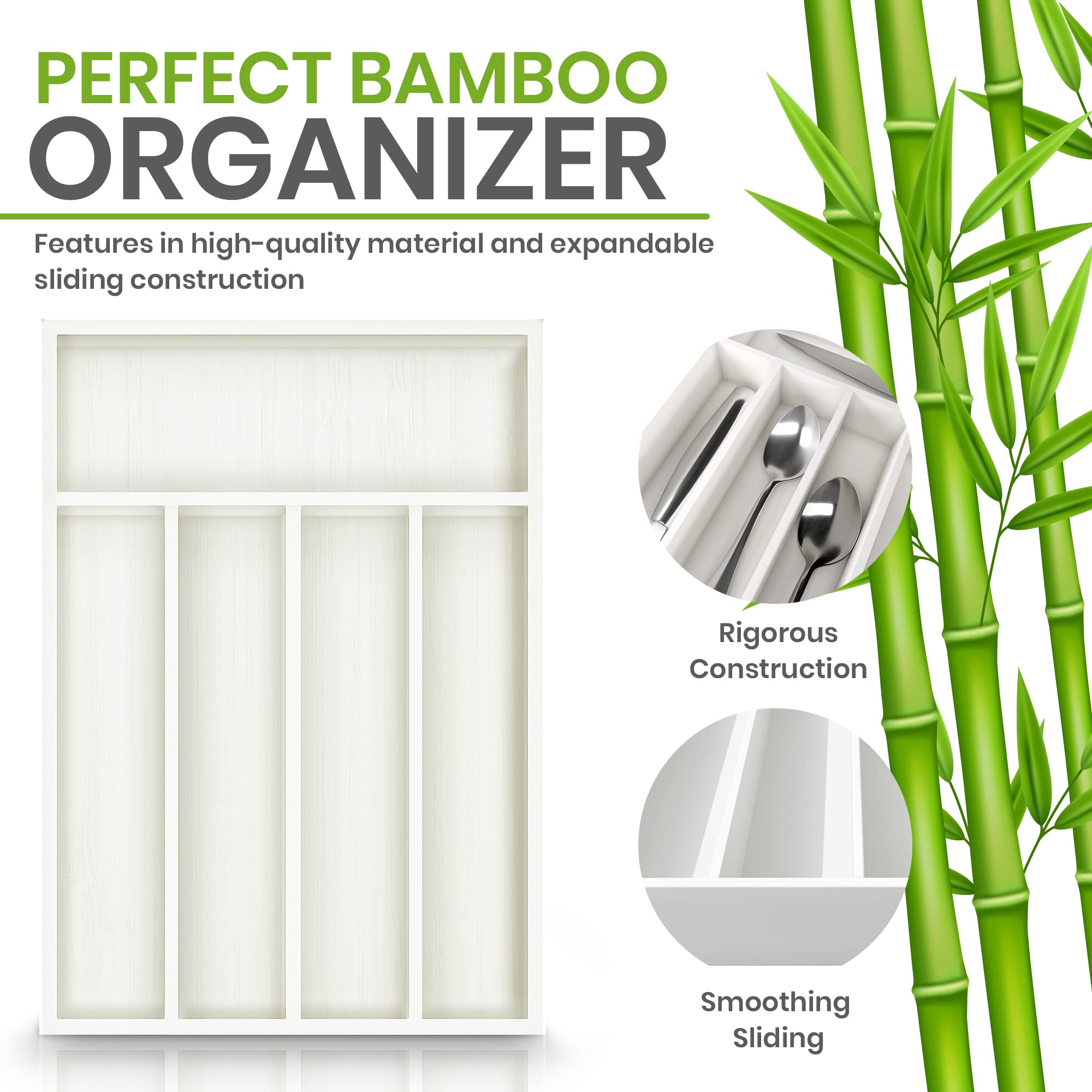 Utopia Kitchen Silverware Organizer - 5 Compartment Bamboo Drawer Organizer for Cutlery, Utensils & Flatware (White) - Perfect for Kitchen Drawer Storage & Organization - Pack of 1