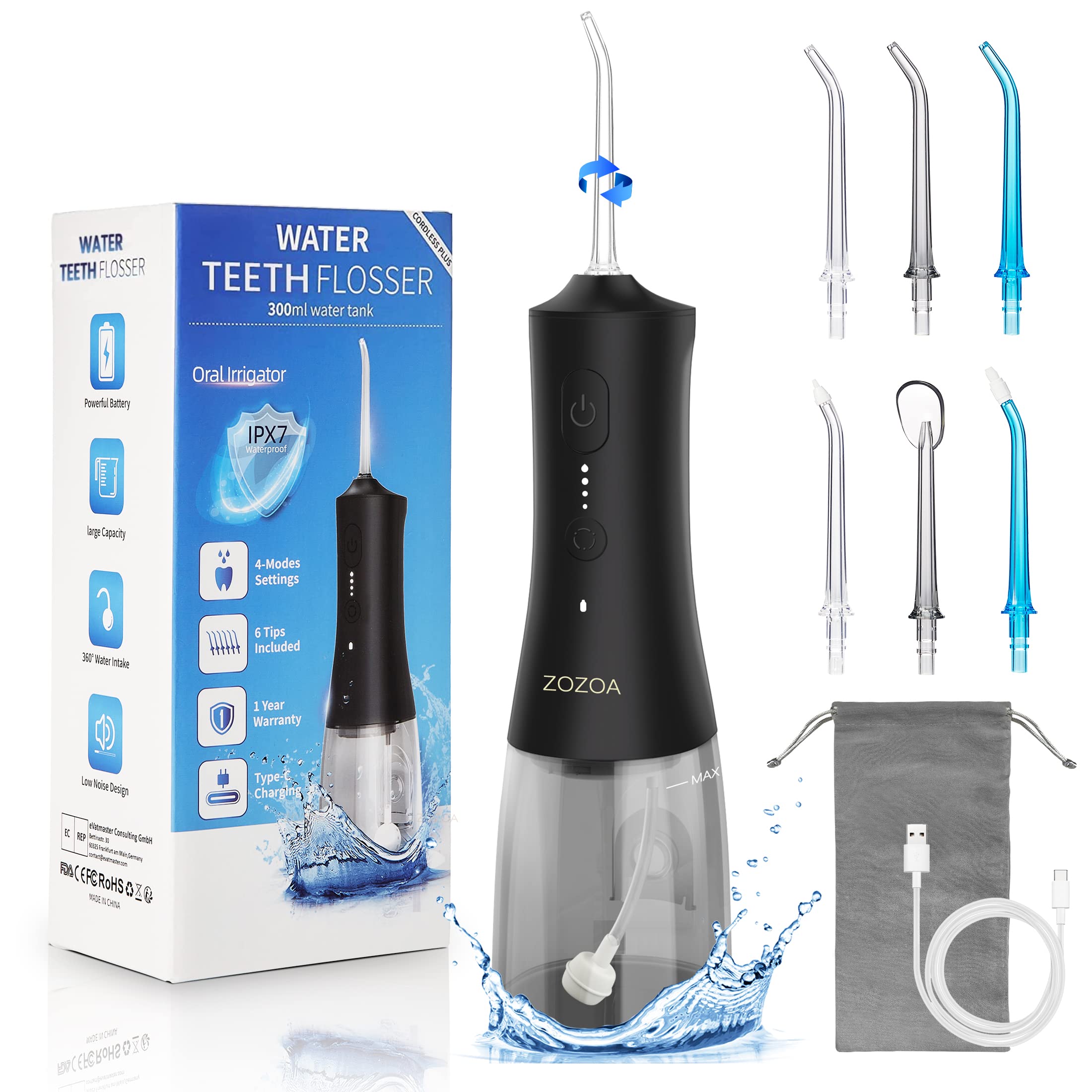 ZOZOA Cordless Water Dental Flosser - 4 Mode Oral Irrigator & Teeth Cleaner, IPX7 Waterproof, 300ml Portable Rechargeable Water Flosser with 6 Jet Tips for Braces Care, Home & Travel Use (Black) - Perfect for Daily Oral Hygiene, Travel, and Post-Braces Cleaning