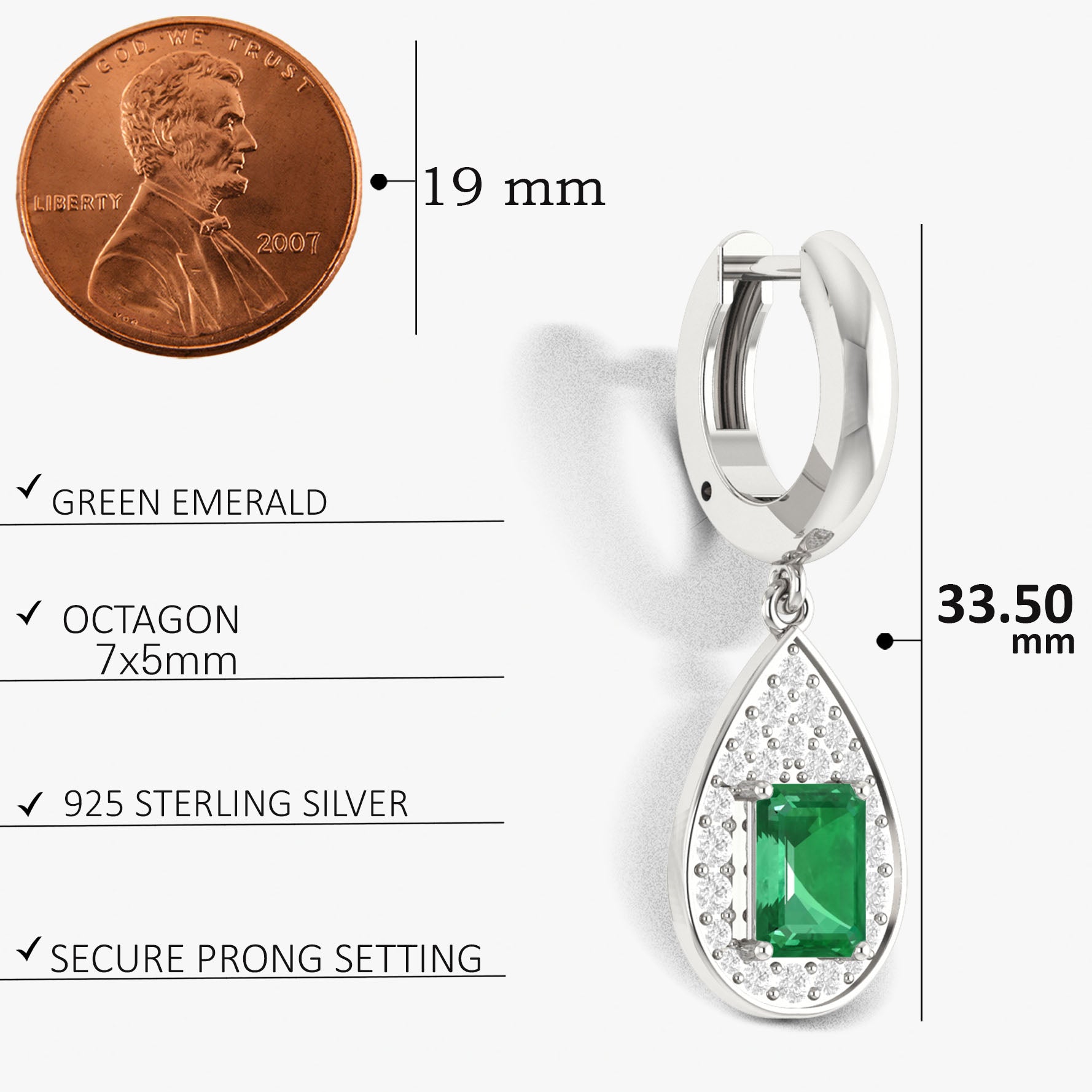 Emerald Octagon Gemstone Drop Dangle Earrings for Women – Elegant Green Gemstone Jewelry for Parties, Weddings & Special Occasions