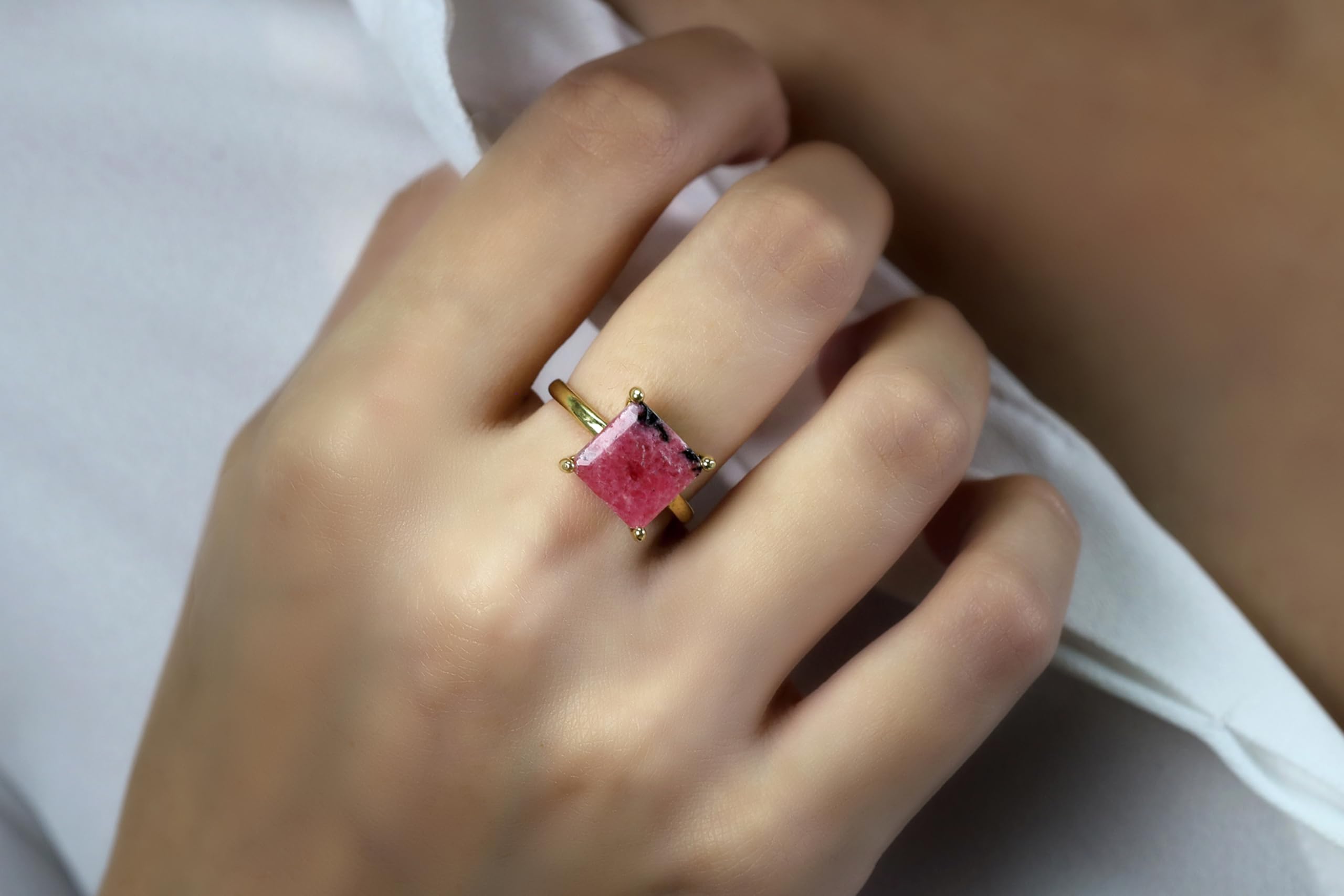 Handmade Rhodonite Pink Gemstone Square Ring - Customizable Bridal Jewelry, Wedding Band, Fashion Statement - Size 4-12 with Free Jewelry Box - Perfect for Engagement, Anniversary & Everyday Wear