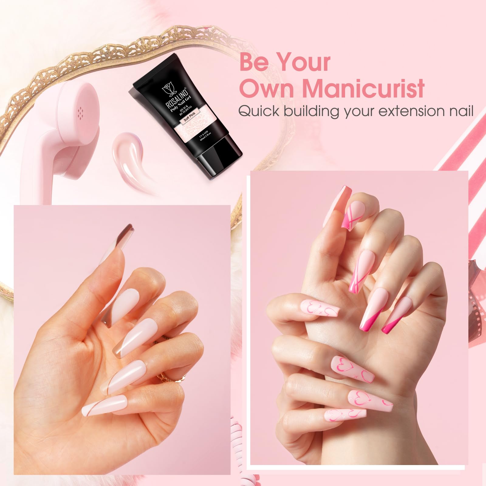 ROSALIND Soft Pink Poly Nail Gel - 2oz Nail Extension Gel for DIY Nail Art & Thickening - UV/LED Lamp Required - Perfect for Salon & Home Manicures, Nail Enhancements & Creative Designs