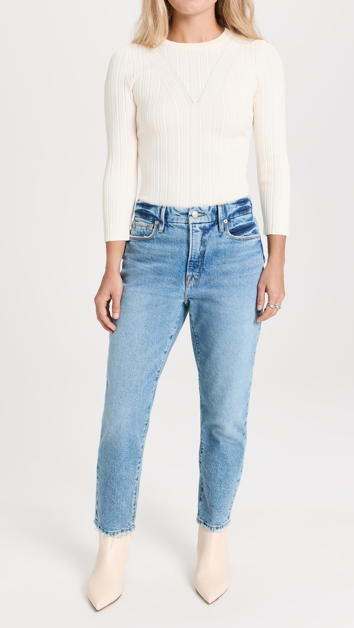 Good American Women's Good Girlfriend Petite Jeans - High Waist Skinny Denim for Petite Women | Perfect for Casual Wear, Date Nights & Office Outfits