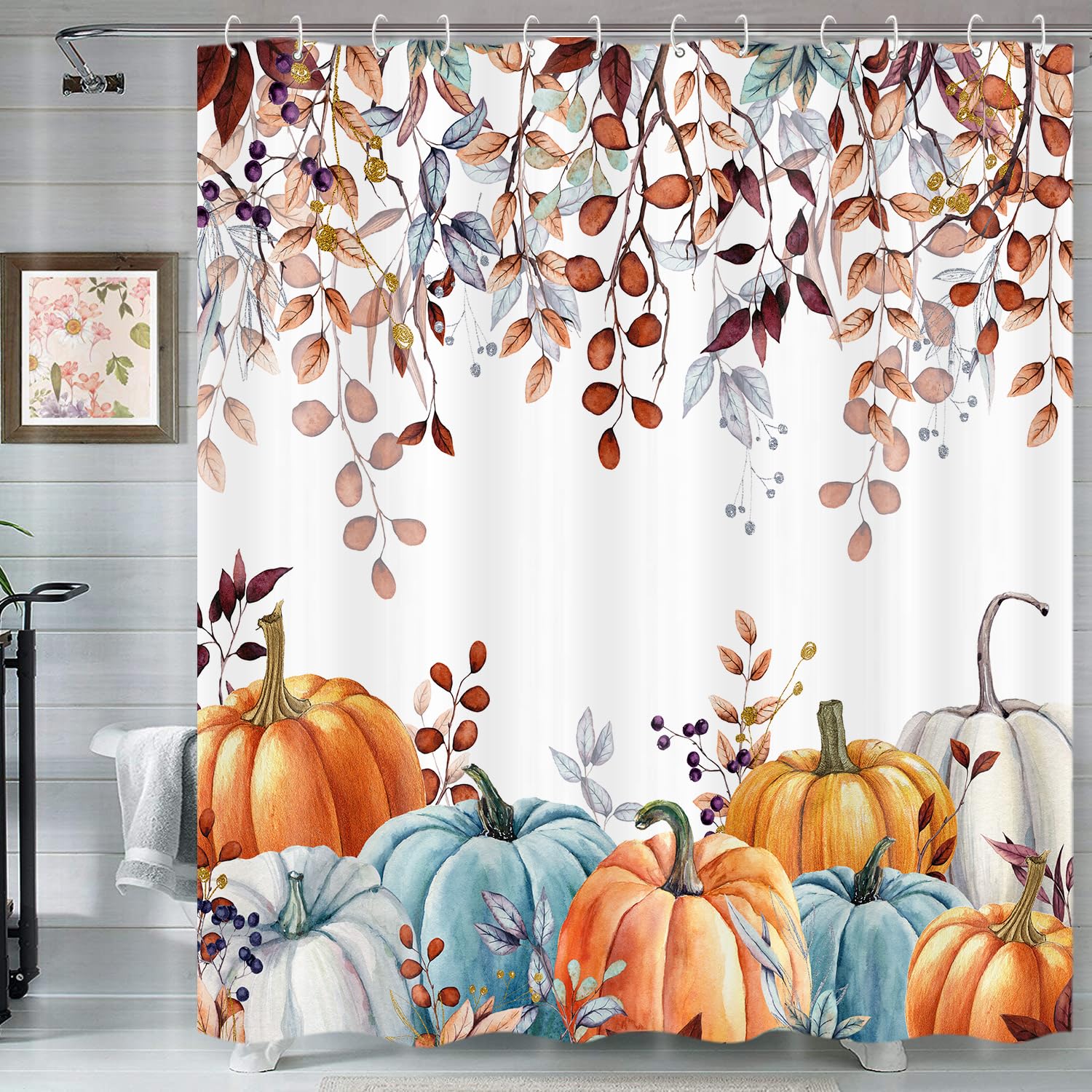 Waterproof Fall Shower Curtain Set - Thanksgiving Pumpkins & Autumn Leaves Bathroom Decor (72x72 Inch) | Blue & Orange Fabric with Hooks | Perfect for Seasonal Bathroom Upgrade & Holiday Home Decor