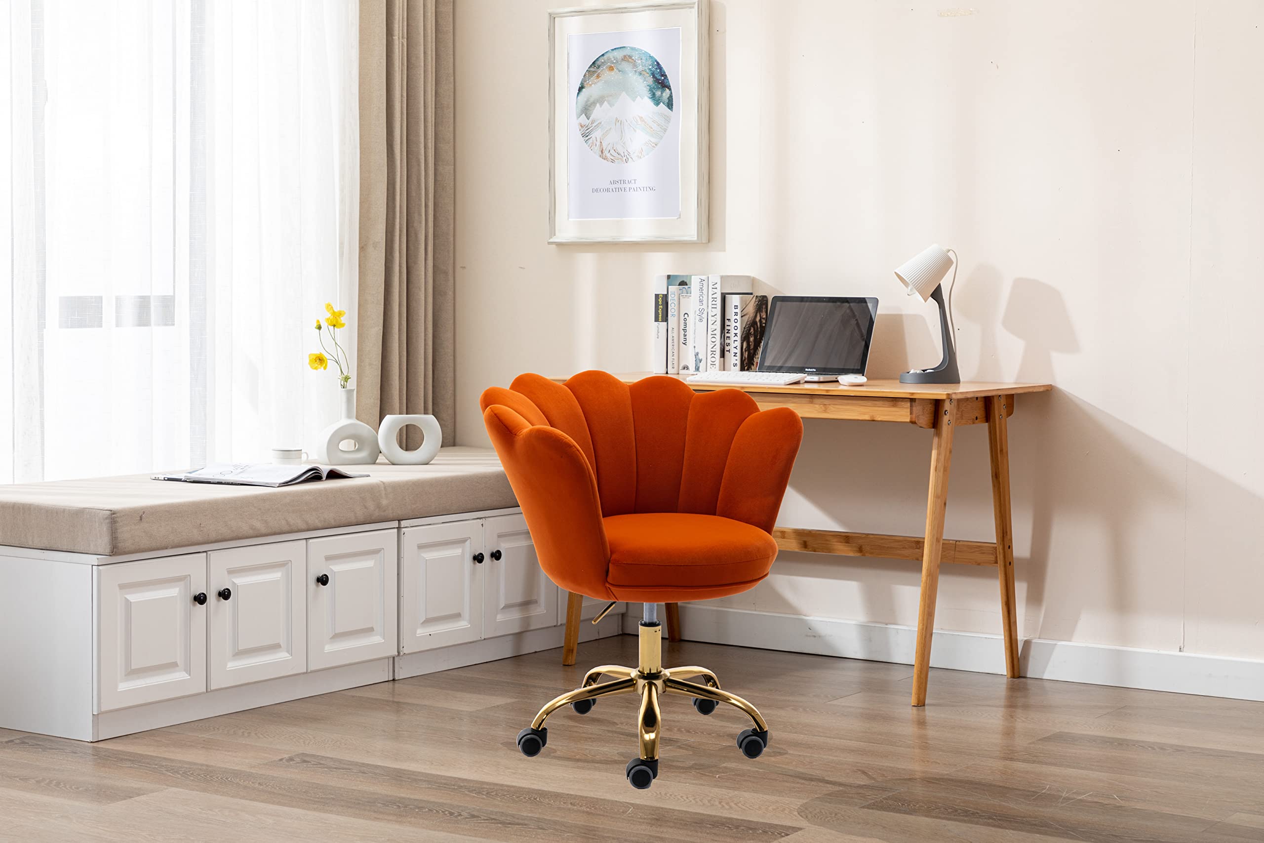 Ergonomic Modern Home Office Chair - Adjustable Swivel Desk Chair with Wheels for Work, Study & Makeup - Velvet Upholstered Task Chair for Living Room & Bedroom (Dark Orange) - Perfect for Remote Work, Gaming & Beauty Stations