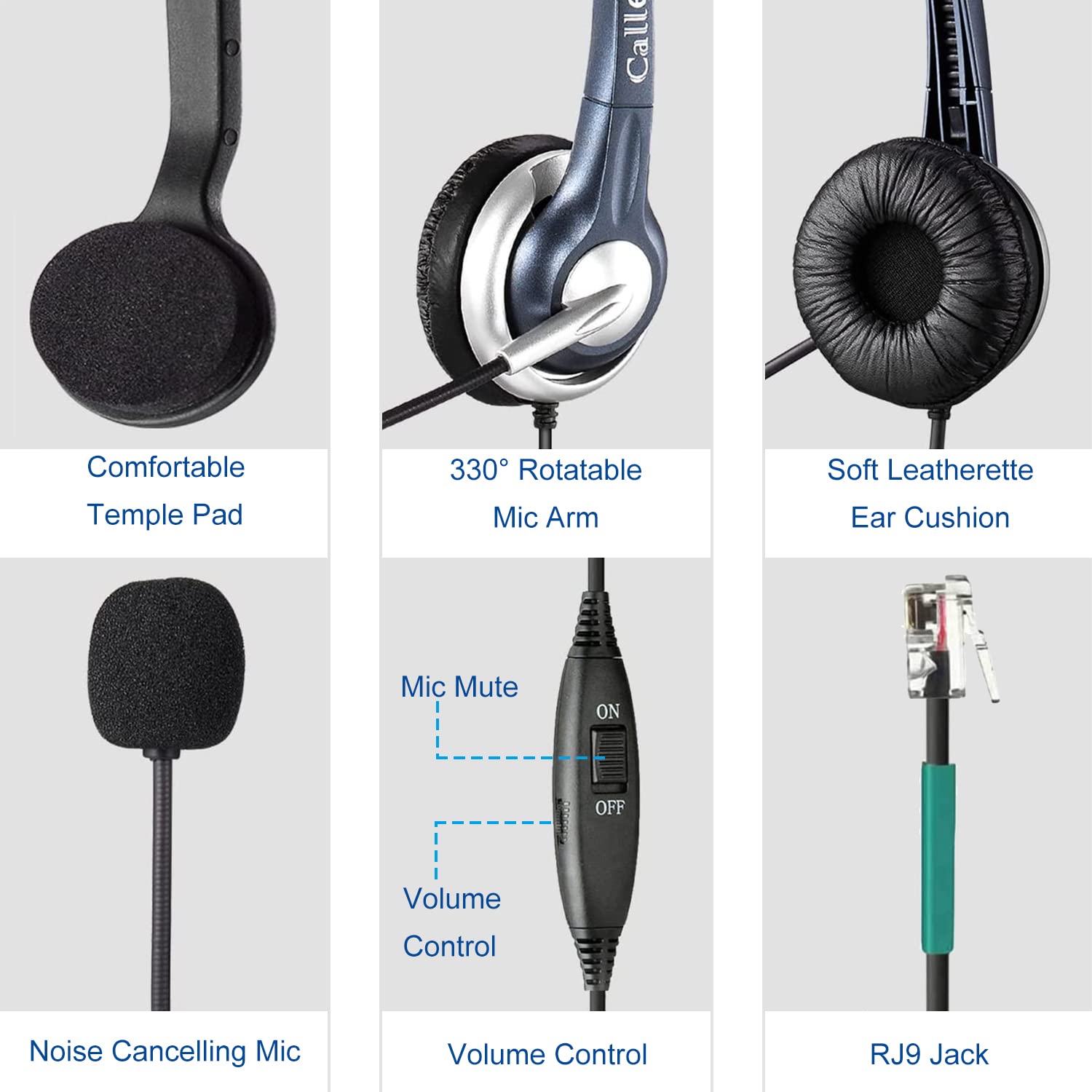 Callez Wired Mono Headset for Call Centers - RJ9 Phone Headset with Noise Canceling Microphone | Compatible with ShoreTel 480, Plantronics T10, Polycom, Zultys, Toshiba, NEC DT300 & Landline Deskphones (C300A2) | Perfect for Office, Customer Service & Remote Work