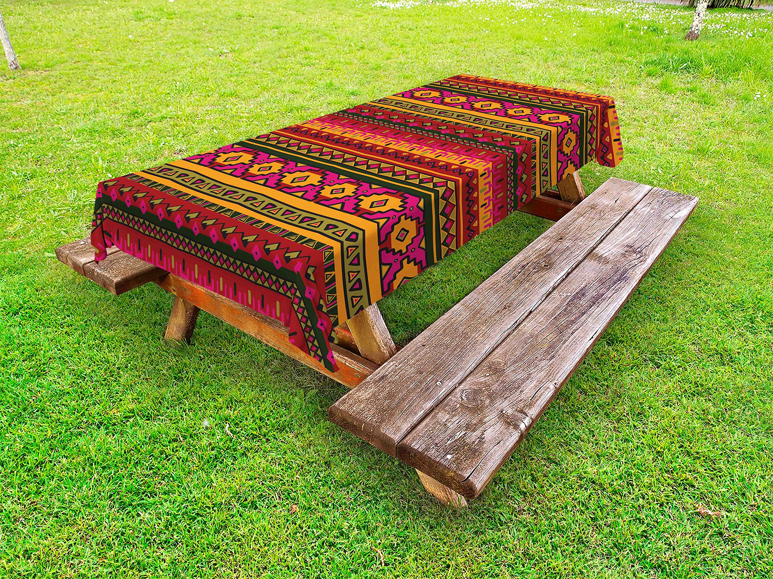 Lunarable Aztec Outdoor Tablecloth - South American Abstract Borders with Mexican & Peruvian Folk Art, Boho Doodle Design, Washable Picnic Table Cover 58x84 Inches in Orange & Green - Perfect for Outdoor Dining, BBQs, and Boho-Themed Parties