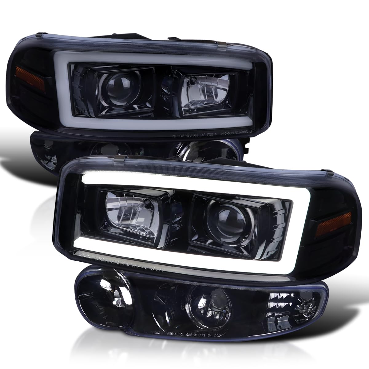 Spec-D Tuning Smoke LED Light Bar Projector Headlights with Bumper Lights - Compatible with 1999-2006 GMC Sierra Denali & 2001-2006 GMC Yukon Denali - Left & Right Pair Headlamps Assembly - Upgrade for Off-Road Driving & Night Visibility