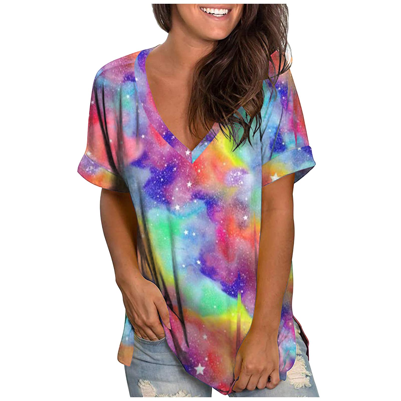 Women's Summer V-Neck T-Shirt with Rolled Sleeves & Side Split - Casual Tunic Top for Beach, Office & Everyday Wear