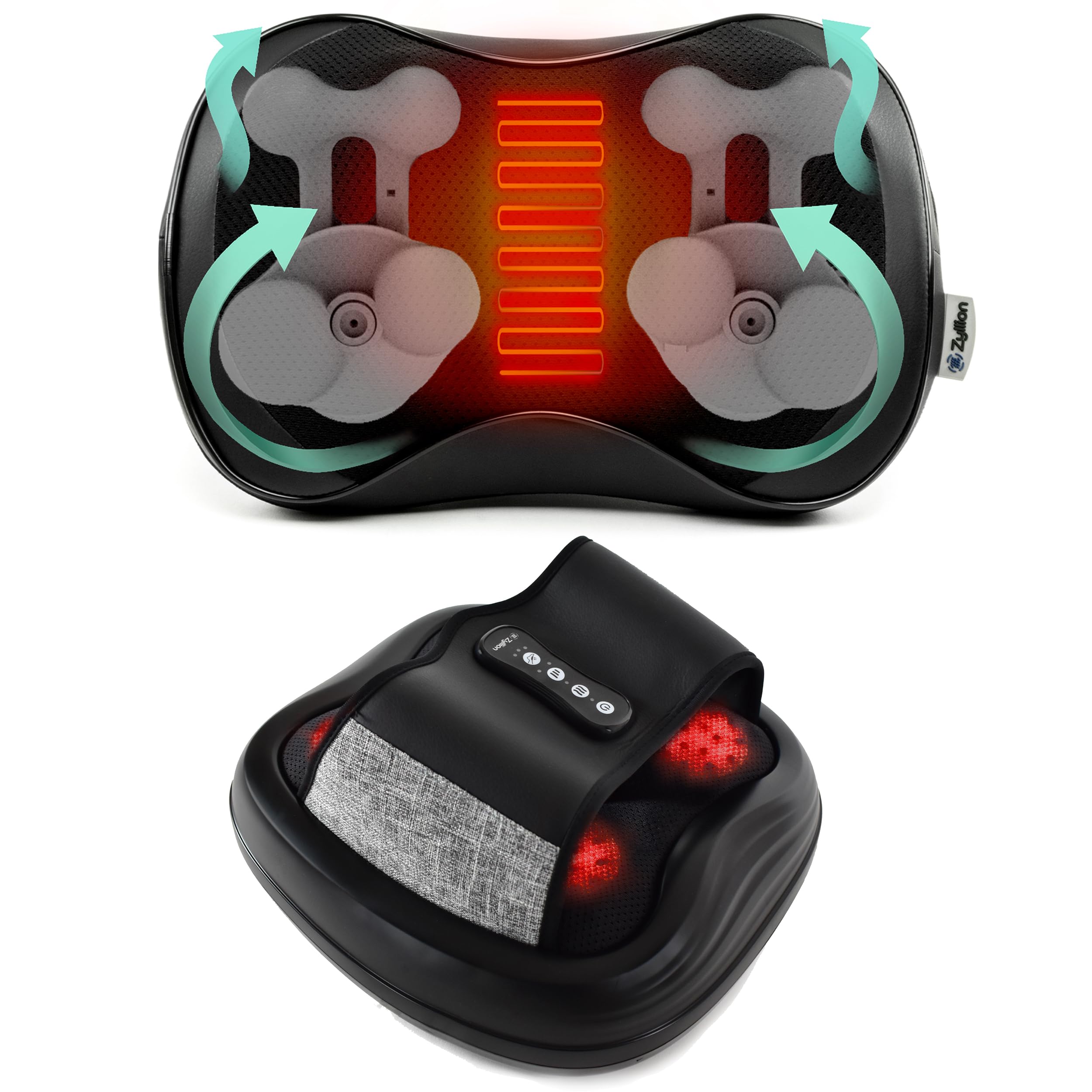Zyllion Shiatsu Back and Foot Massager Set - 2-in-1 Deep Tissue Kneading Massage for Neck, Shoulders, Legs - Perfect for Home, Office & Car Use (Black)