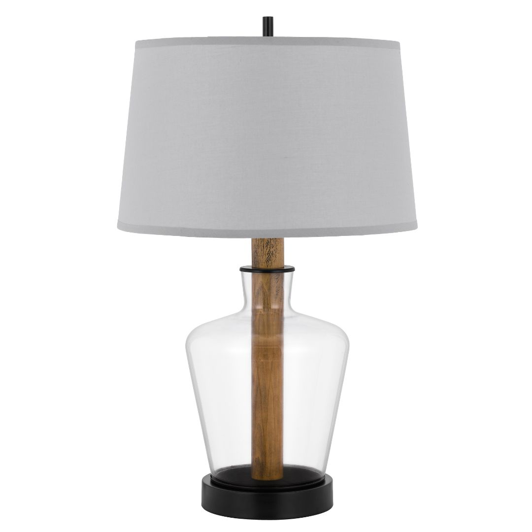 Cal Lighting Salford Glass and Wood Table Lamp With Taper Drum Hardback Shade - Stylish Home Decor for Living Room, Bedroom & Office Lighting