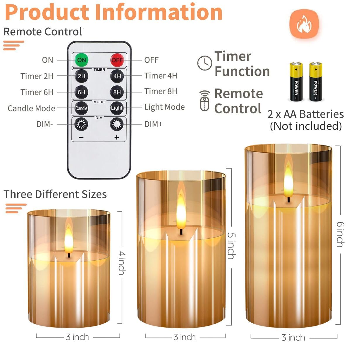 Flickering Flameless LED Candles with Remote Control & Timer - Set of 3 Gold Glass Effect Battery Operated Candles for Wedding, Party, Home Decor - Perfect for Romantic Dinners, Holiday Centerpieces & Spa Relaxation