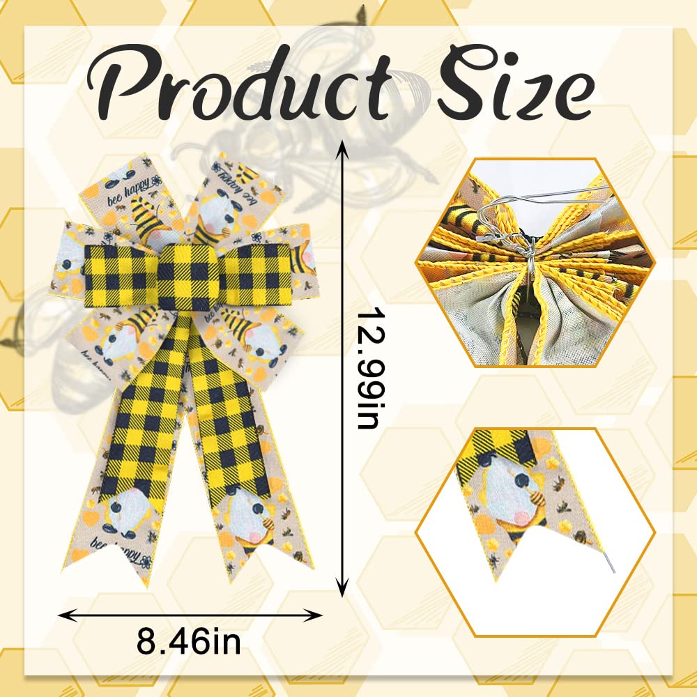 Bumble Bee Wreath Bows 2PCS - Black Yellow Buffalo Plaid for Spring & Summer Door Decor
