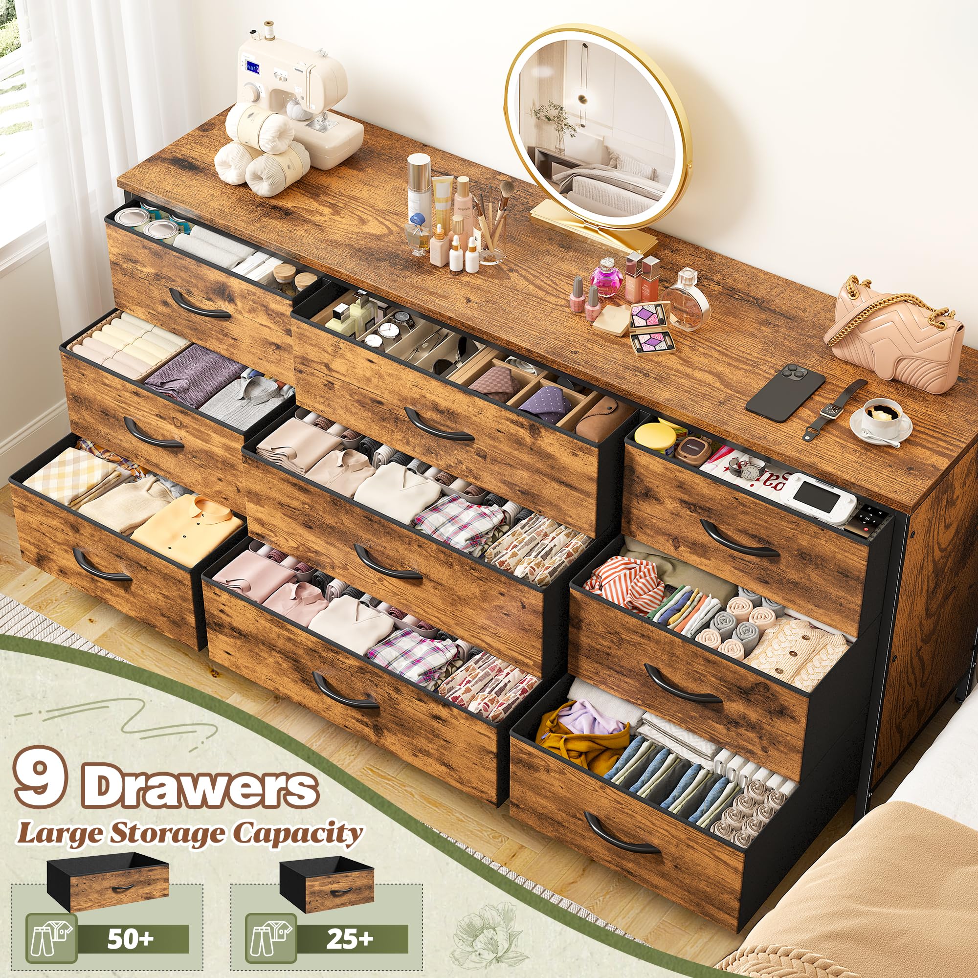 EnHomee 60'' TV Stand Dresser with 9 Drawers - Rustic Brown Wood Top & Sturdy Metal Frame - Wide Bedroom Dresser, Chest of Drawers for Living Room, Closet Organization - Perfect for TV Storage & Bedroom Furniture Arrangement