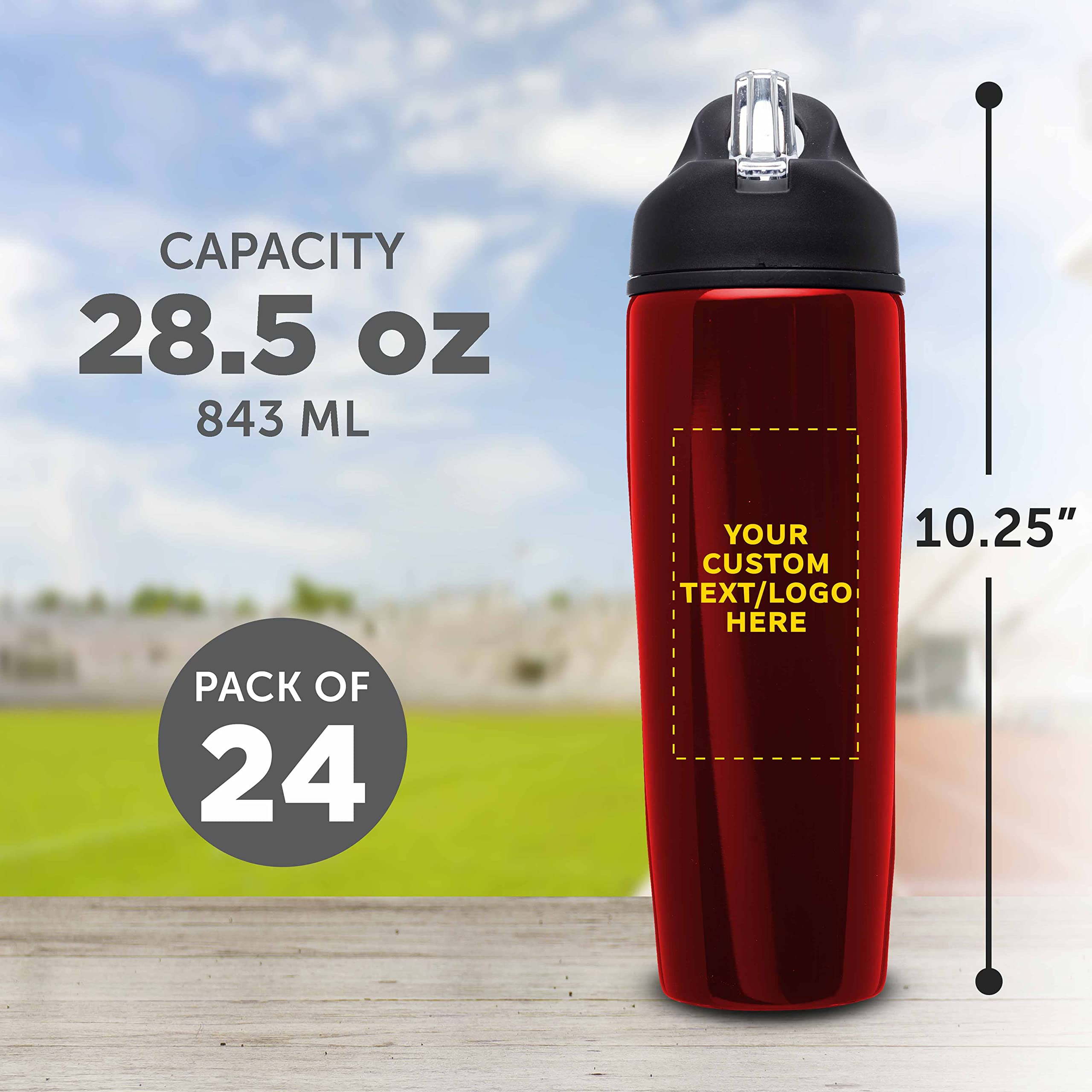 Custom Stainless Steel Water Bottles 24 Pack - Personalized Text & Logo - 28.5 oz Metal Sports Bottles with Flip Top Lid - Easy Carry Handle - Bulk Promotional Gift for Gym, Office, Team Events (Red)