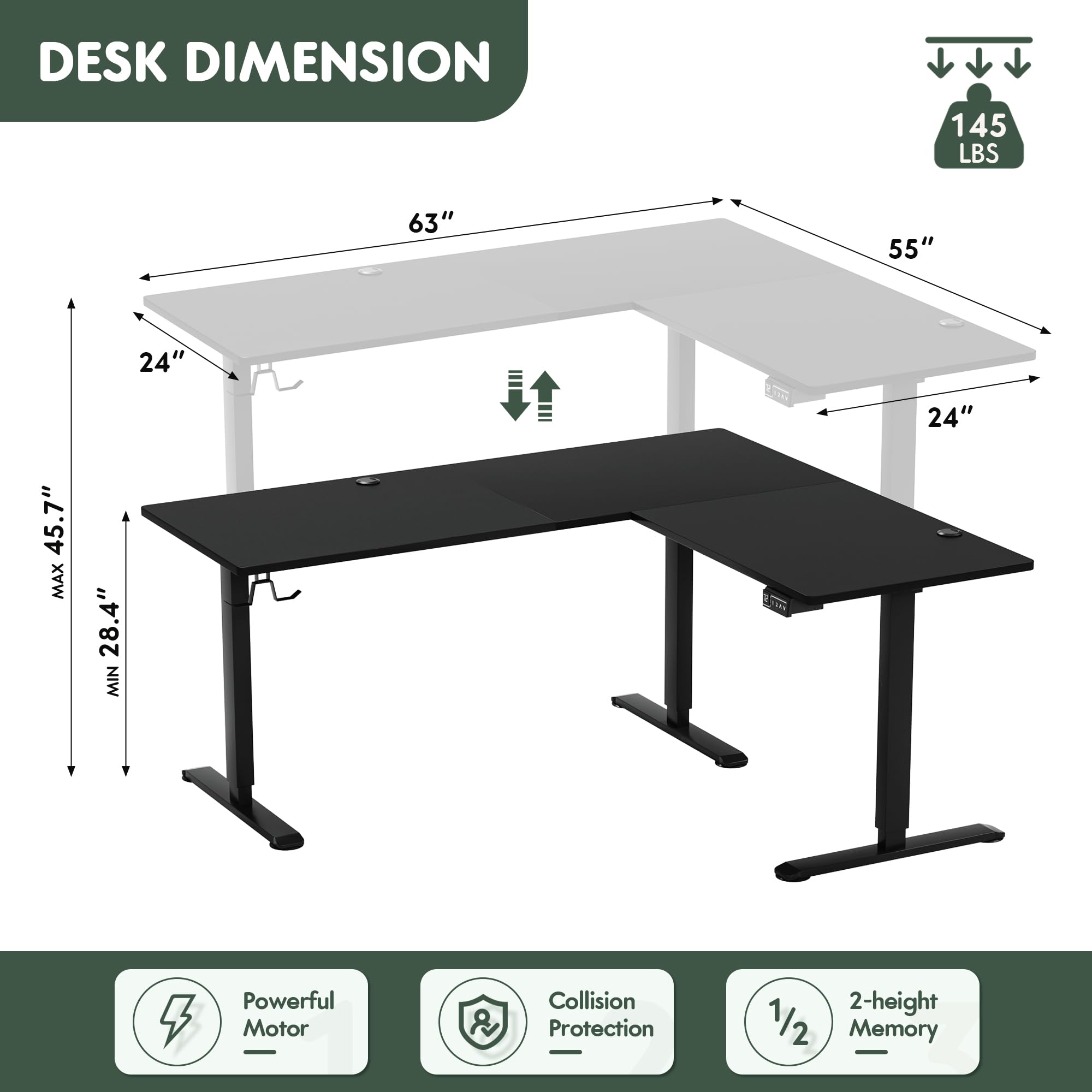 Furmax Electric L-Shaped Standing Desk 63 x 55 Inch - Adjustable Height Corner Computer Workstation with Memory Presets, Ergonomic Home Office Desk (Black) | Perfect for Small Spaces, Remote Work & Gaming Setup