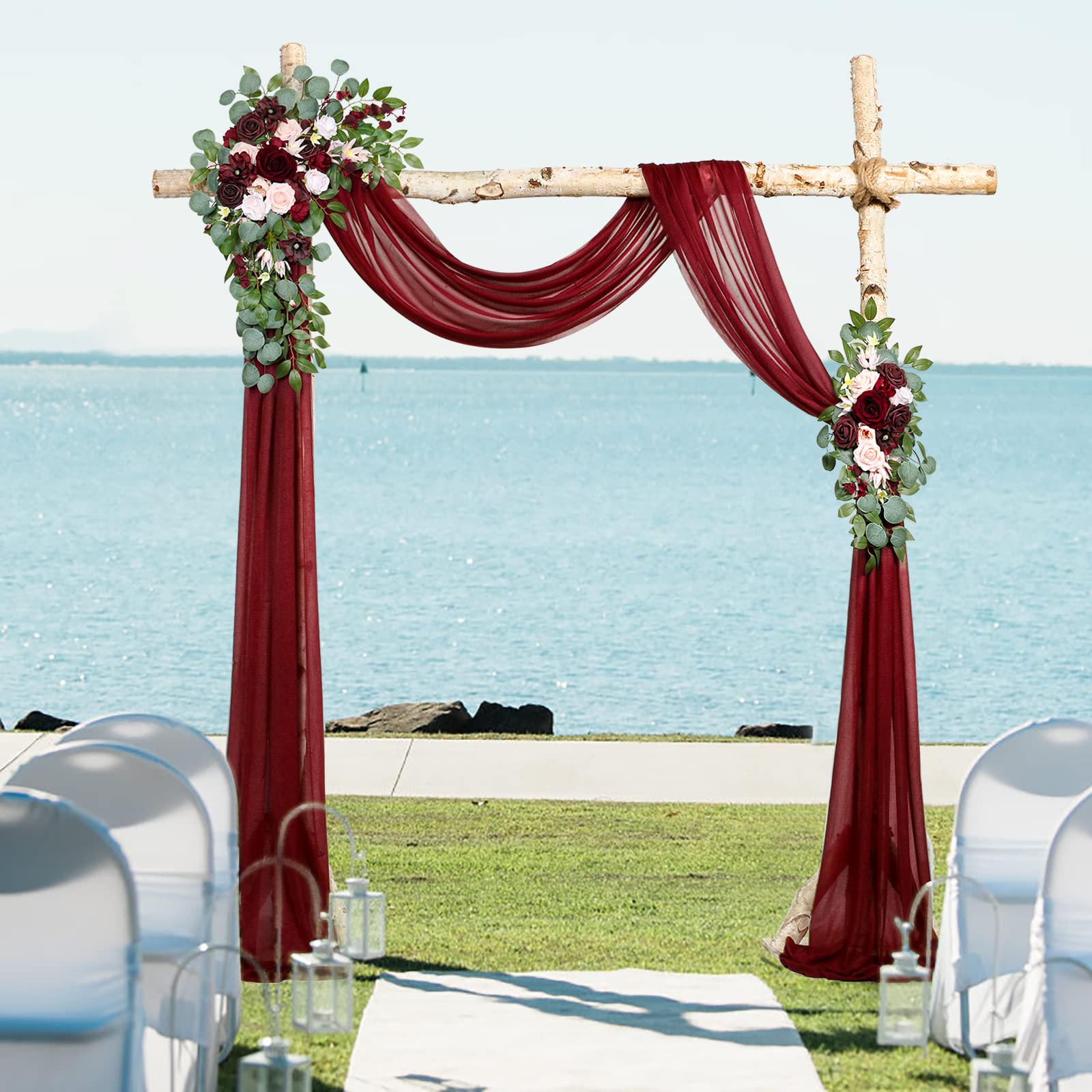 Ponatia Burgundy Wedding Arch Flowers Kit - 3 Pack with 26Ft Shiny Fabric for Ceremony & Reception Backdrop (Burgundy & Blush) | Artificial Floral Arrangement for Wedding Decor, Party Decoration, and Photo Booth Background