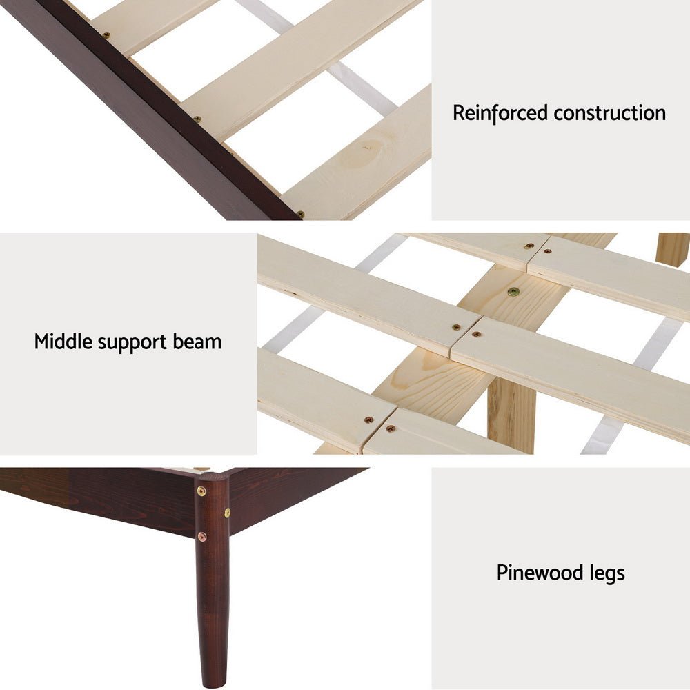 Solid Pinewood Bed Frame with Walnut Finish & Bonita Pillow Top Medium Firm Mattress - Double Package for Bedroom, Guest Room, or Dormitory
