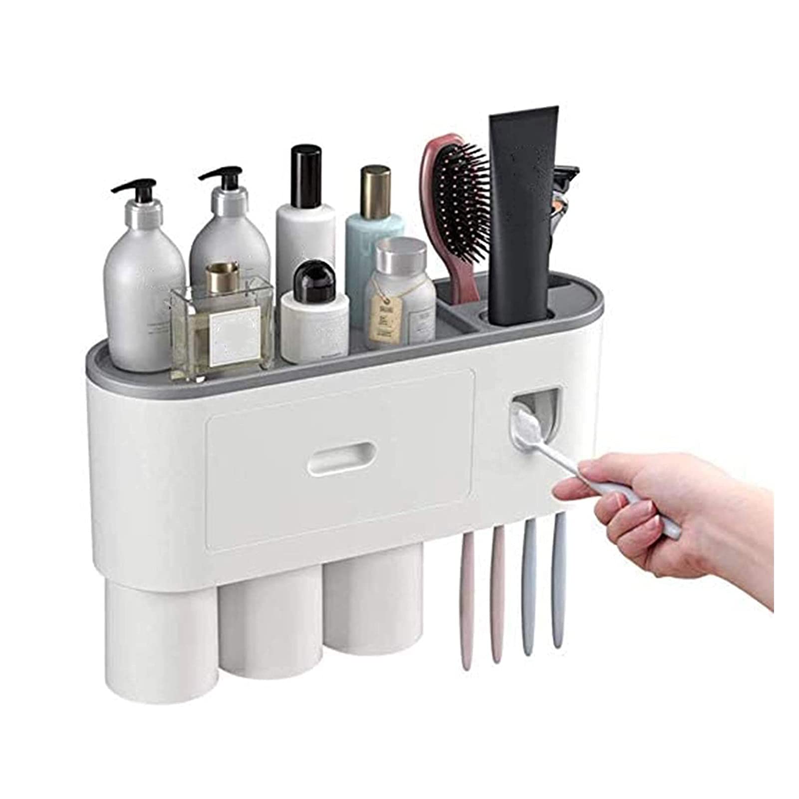 Multifunctional Wall Mounted Toothbrush Holder with Dispenser - 4 Toothbrush Slots, 3 Cups & Drawers, Space-Saving Toothpaste Squeezer Kit - Perfect Bathroom Organizer for Small Spaces, Washroom & Vanity Storage