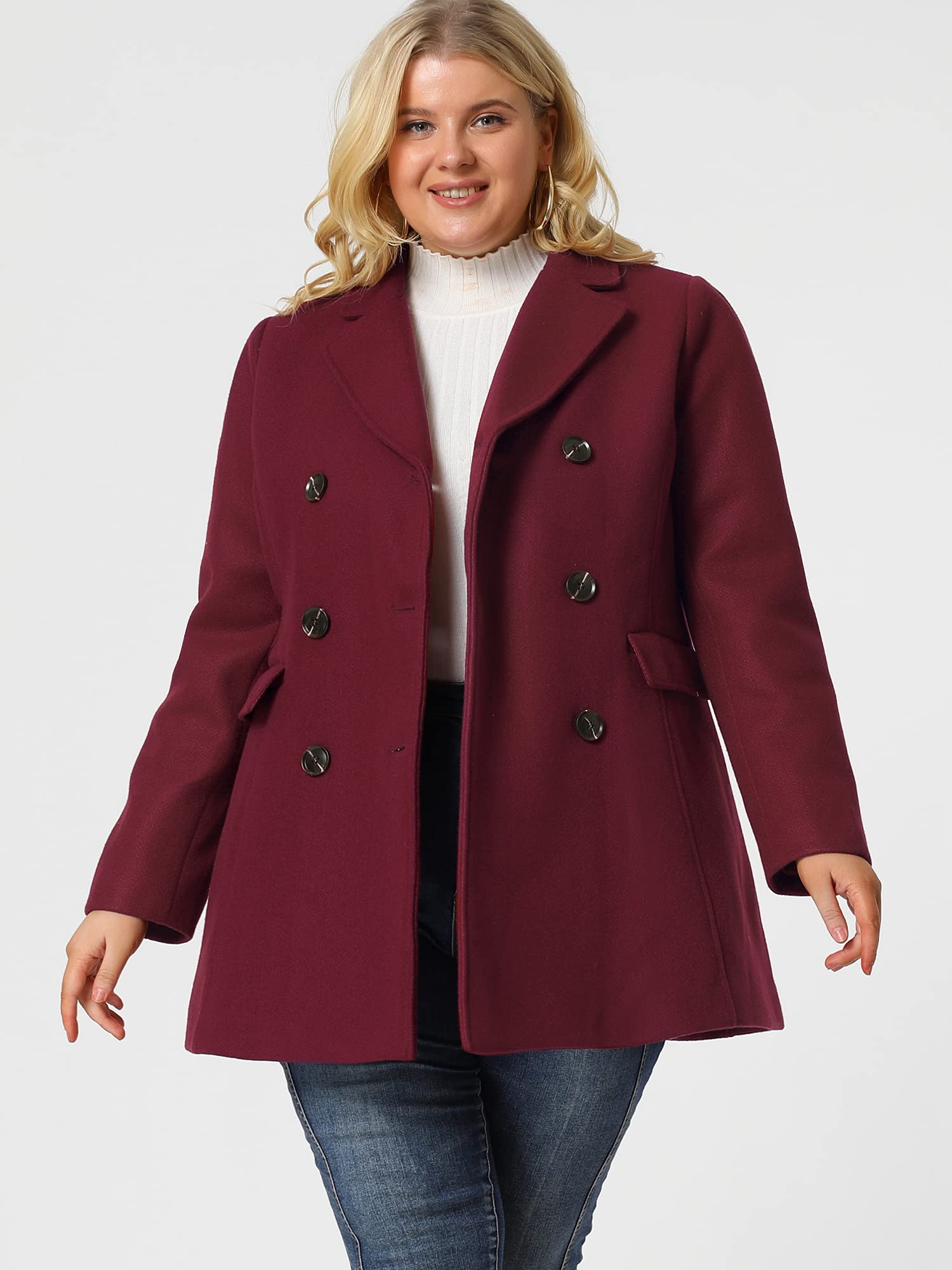 Agnes Orinda Women's Plus Size Notched Lapel Double Breasted Long Winter Coat - Elegant Formal & Office Wear for Business Women
