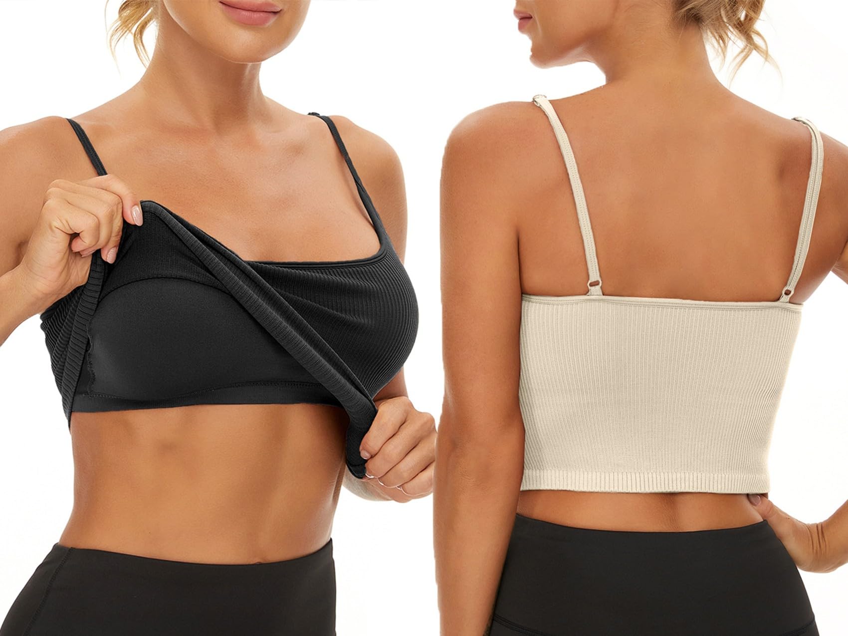 Chilylori Seamless Sports Bra & Cropped Tank Top - Adjustable Straps, Ribbed Workout Tops for Women (2 Pack) | Yoga, Gym, Running & Fitness