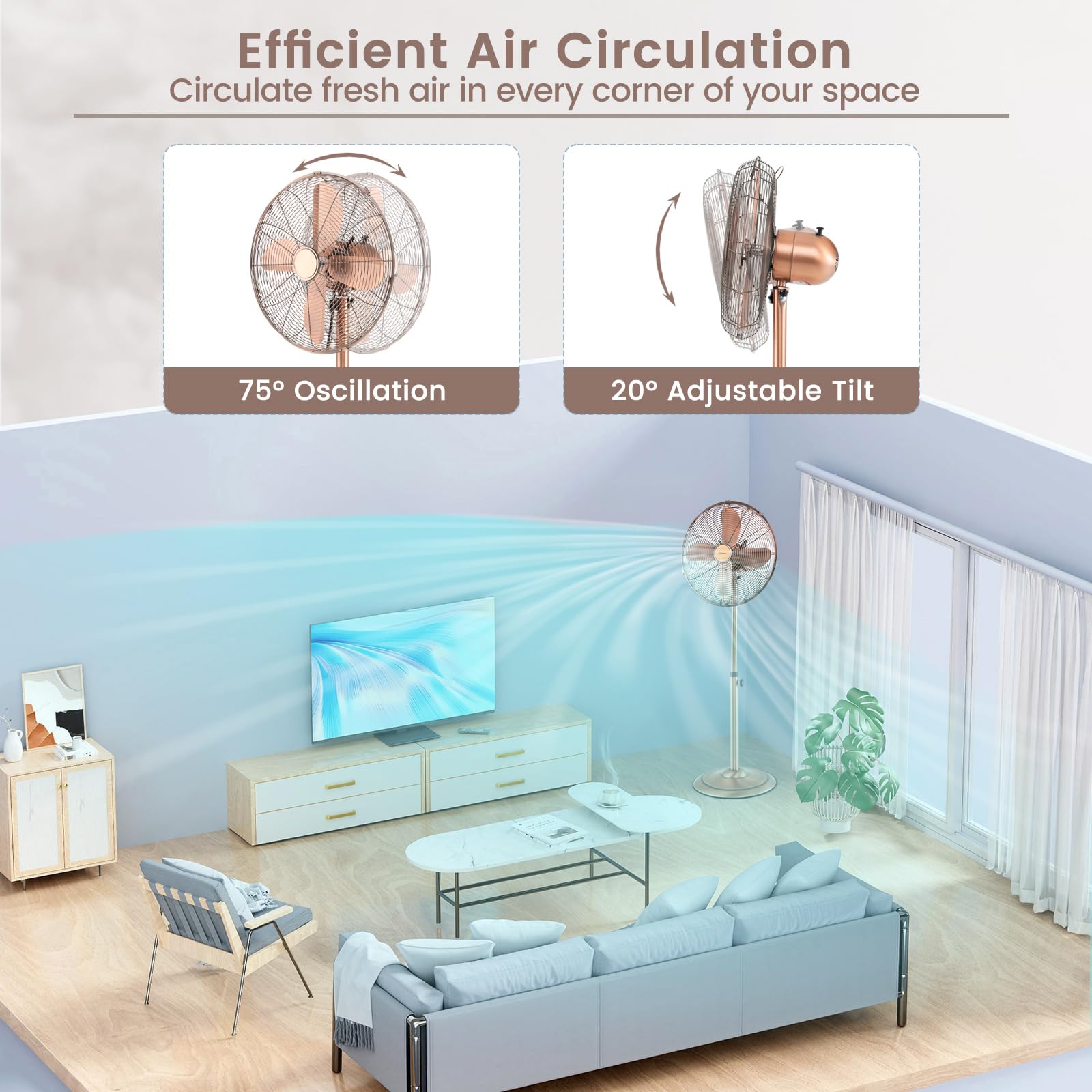 COSTWAY 16-inch Metal Pedestal Fan - Quiet High Velocity Standing Fan with 75° Oscillation, 3 Speed Settings & Adjustable Height - 4 Blade Floor Fan for Bedroom, Home Office, Shop & Outdoor Use - Durable Copper Motor