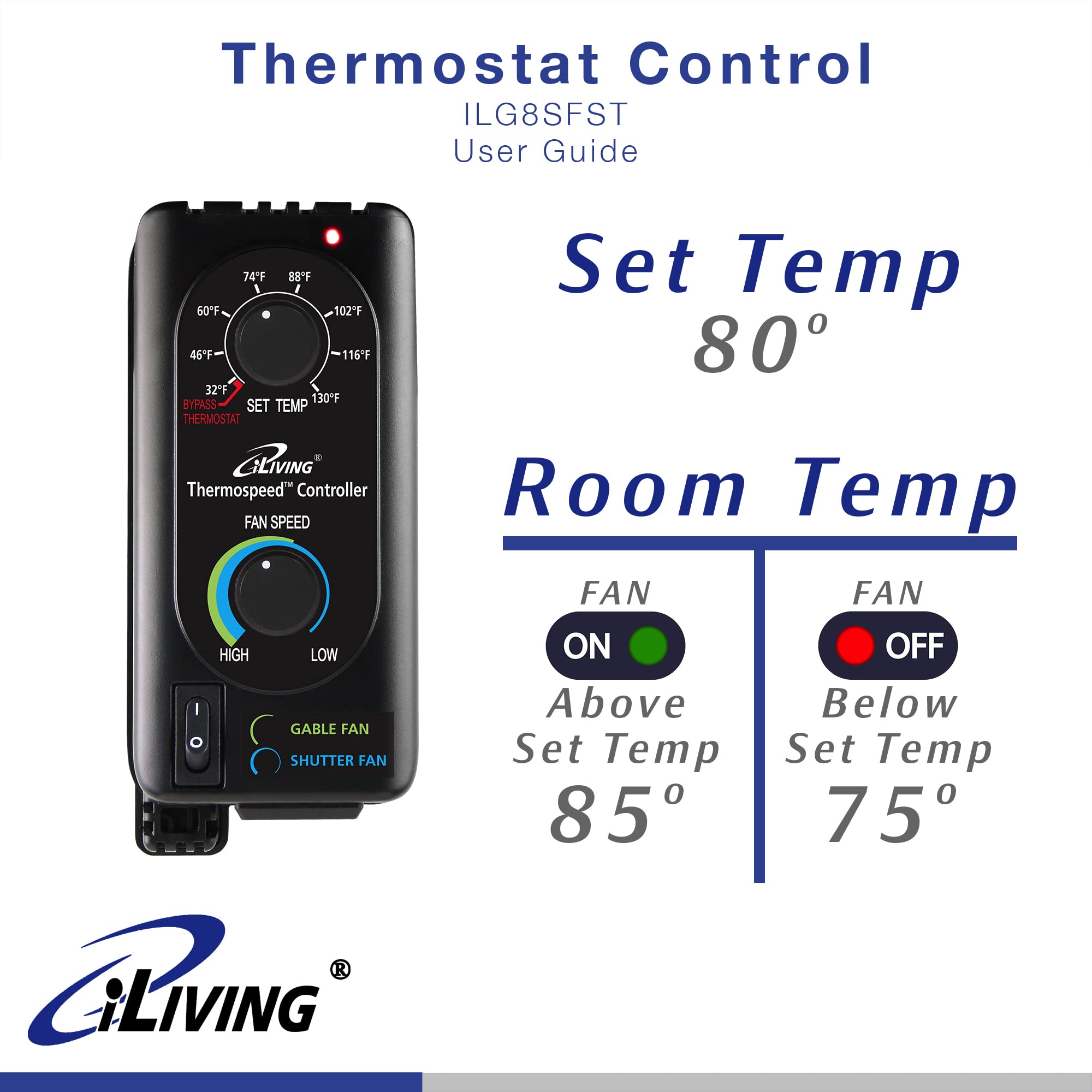 iLIVING ILG8SFST Thermospeed Exhaust Fan with Temperature & Speed Controller - Black - Ideal for Attic, Garage, and Warehouse Ventilation