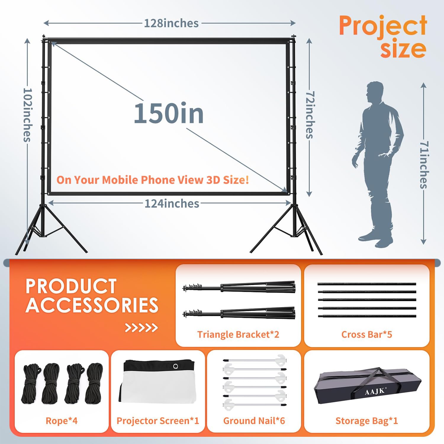 AAJK 150-inch Portable Projector Screen with Stand - 16:9 Wrinkle-Free 4K HD Indoor/Outdoor Projection Screen for Home Theater, Backyard Movies & Parties - Includes Carry Bag for Easy Transport & Storage