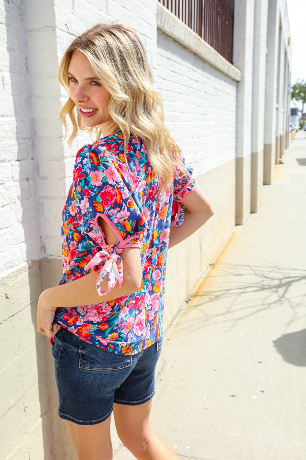 Elegant Navy Floral Print Ribbon Bow Tie Blouse for Women | Office Wear & Special Occasion Outfit