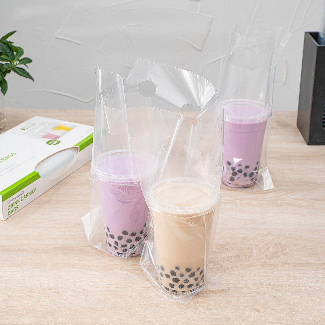 Eco-Friendly Clear Plastic Drink Carrier Bag - Holds 2 Cups, Biodegradable & Durable (12.5
