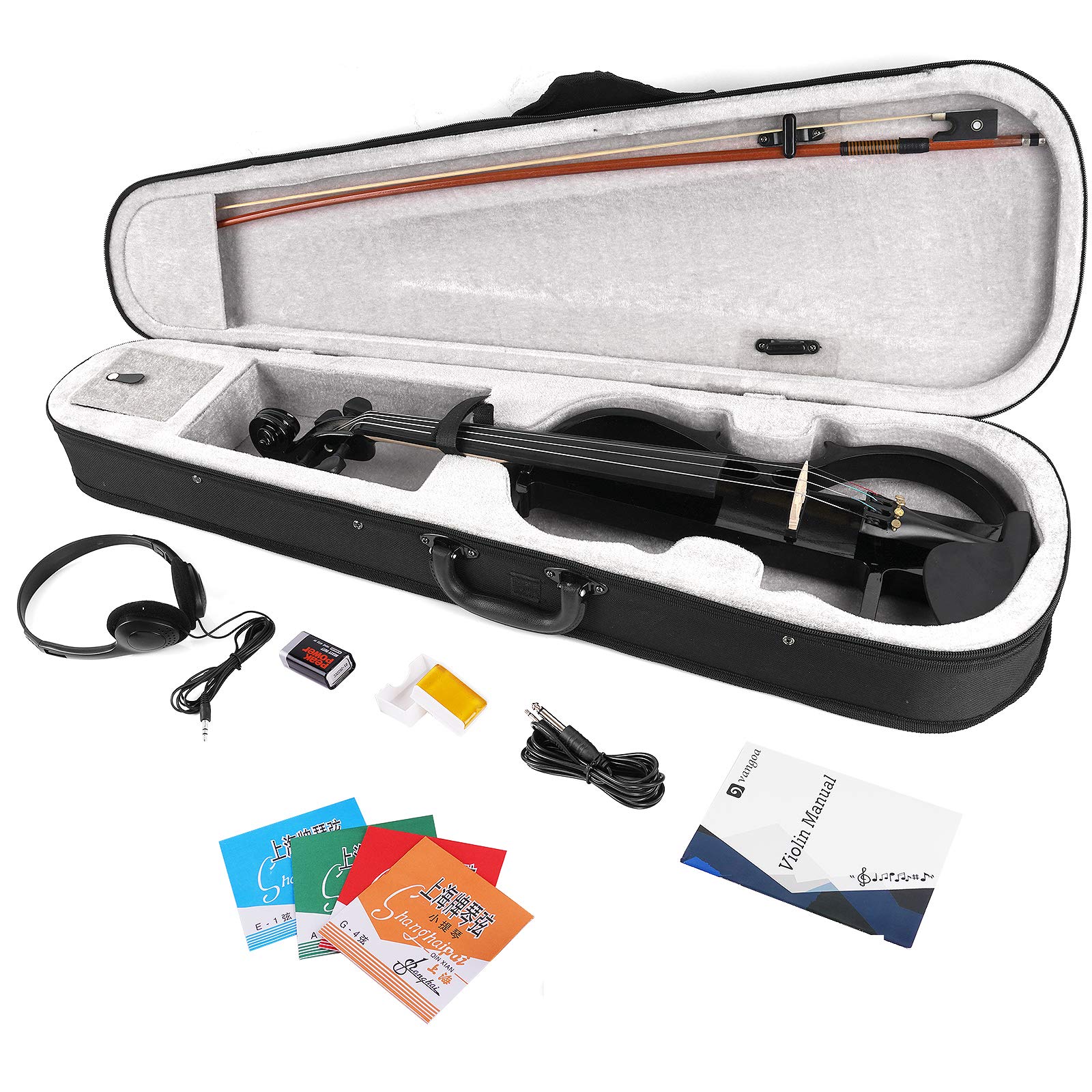 Vangoa 4/4 Full Size Electric Violin - Solid Wood Silent Electric Fiddle with Ebony Fittings & Beginner Kit for Adults & Teens (Black Metallic) | Perfect for Practice, Performances & Studio Recording