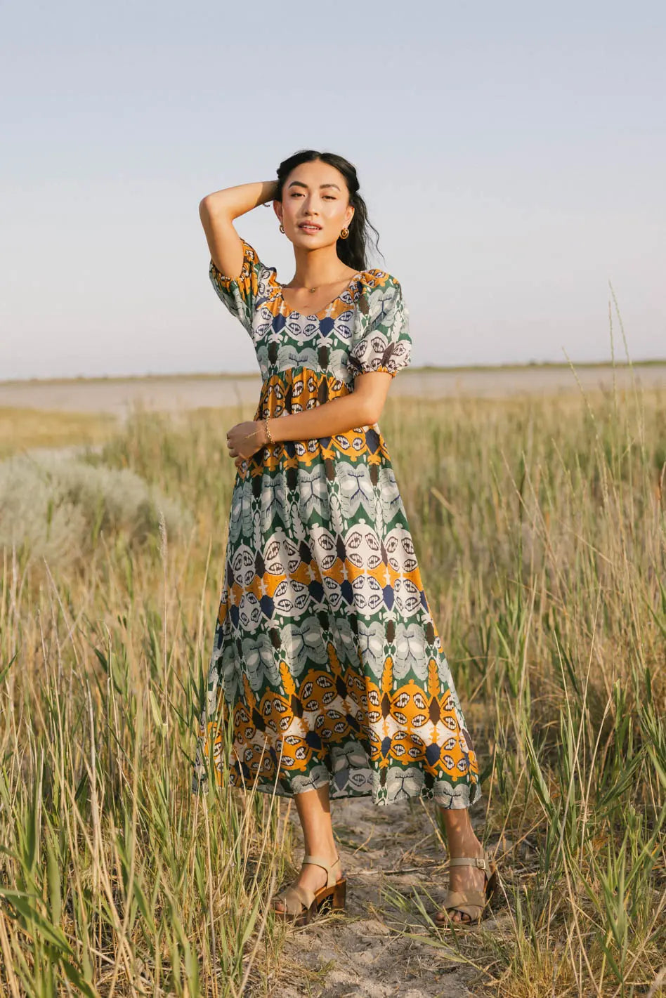 Ainoa Abstract Print Midi Dress for Women - Elegant Flowy Summer Dress | Perfect for Beach Vacations, Date Nights & Casual Outings