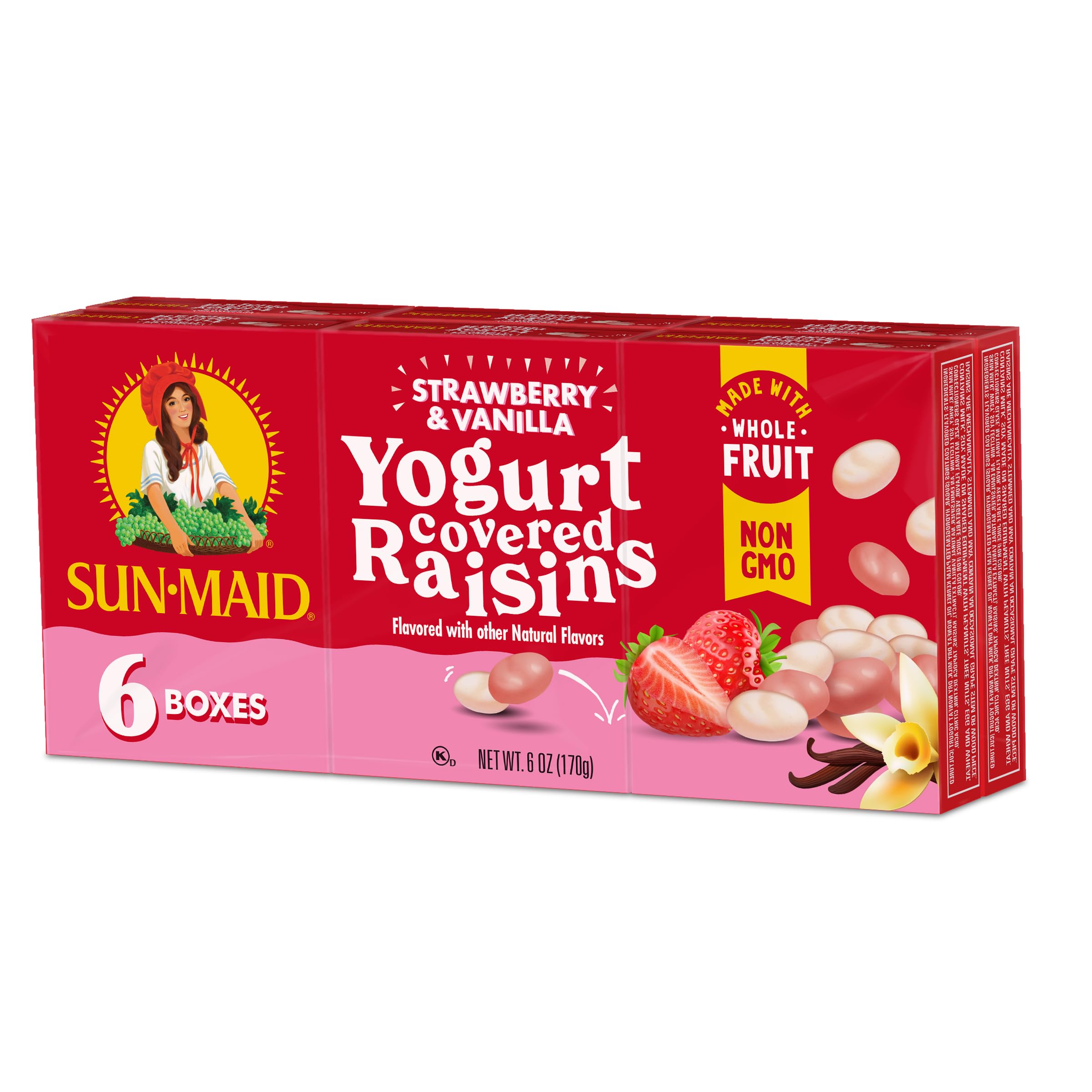 Sun-Maid Strawberry & Vanilla Yogurt Covered Raisins - 6 Pack (1 oz Each) | Healthy Dried Fruit Snacks for Kids & Adults | Perfect for School Lunches, Office Snacks & On-the-Go Energy Boost