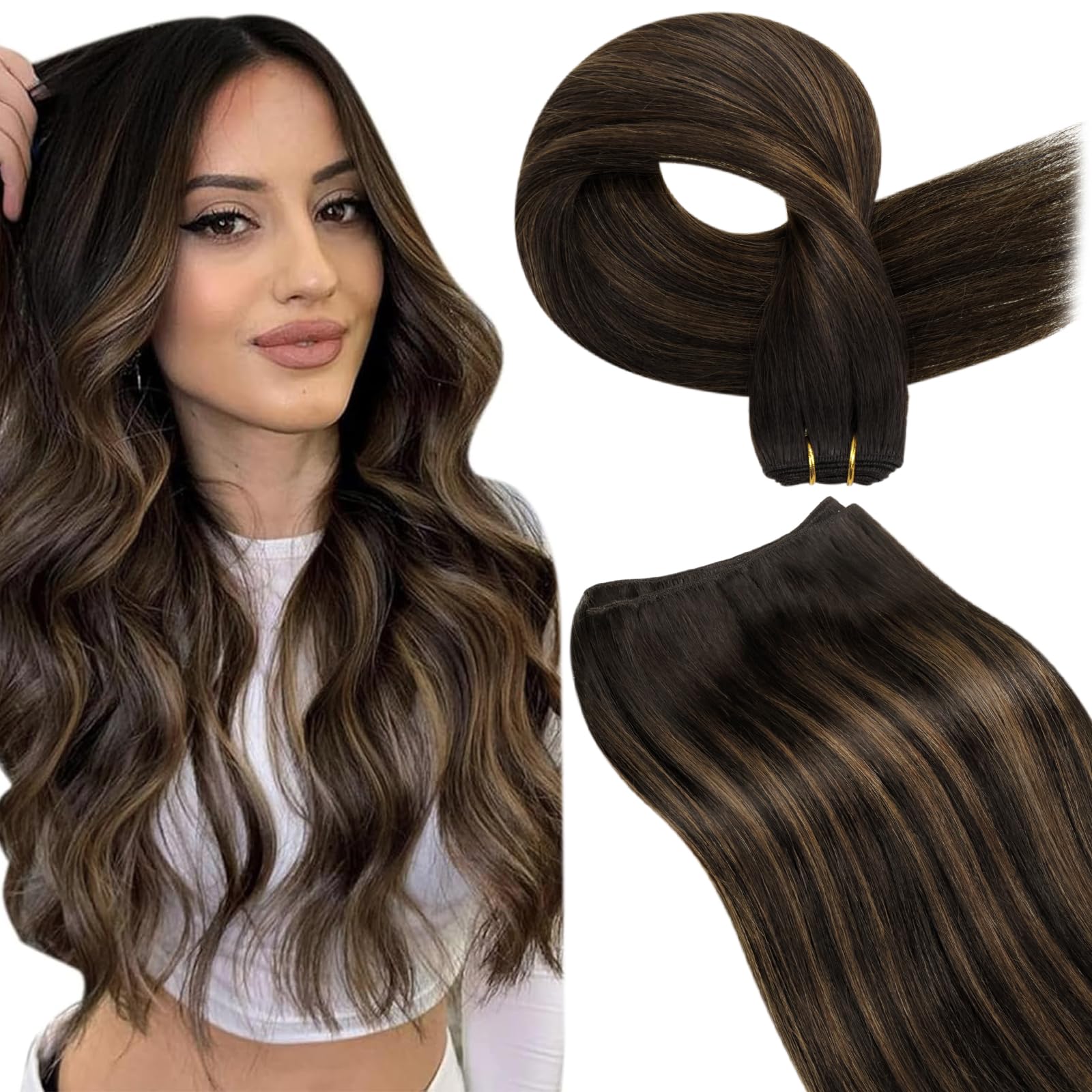 LaaVoo 22 Inch Human Hair Weft Extensions - Dark Brown to Light Brown Ombre Balayage, Double Weft, 100g, Long Straight Sew-in Hair for Natural Look | Perfect for Daily Styling, Parties & Special Occasions