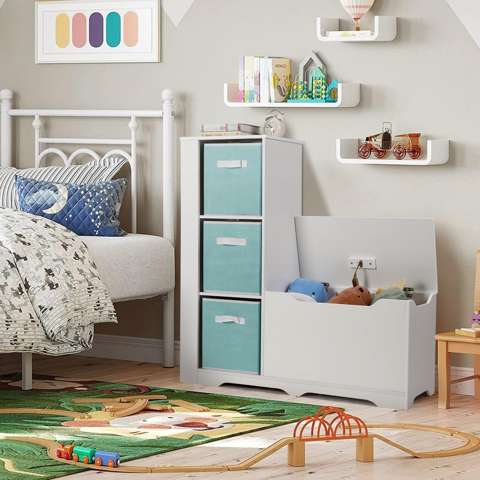Cowiewie Kids Bookshelf with Reading Nook - Montessori Wooden Toy Storage Organizer Bench with Safety Hinged Seat for Bedroom & Playroom - Perfect for Storytime, Toy Organization & Cozy Reading Corners (Blue)