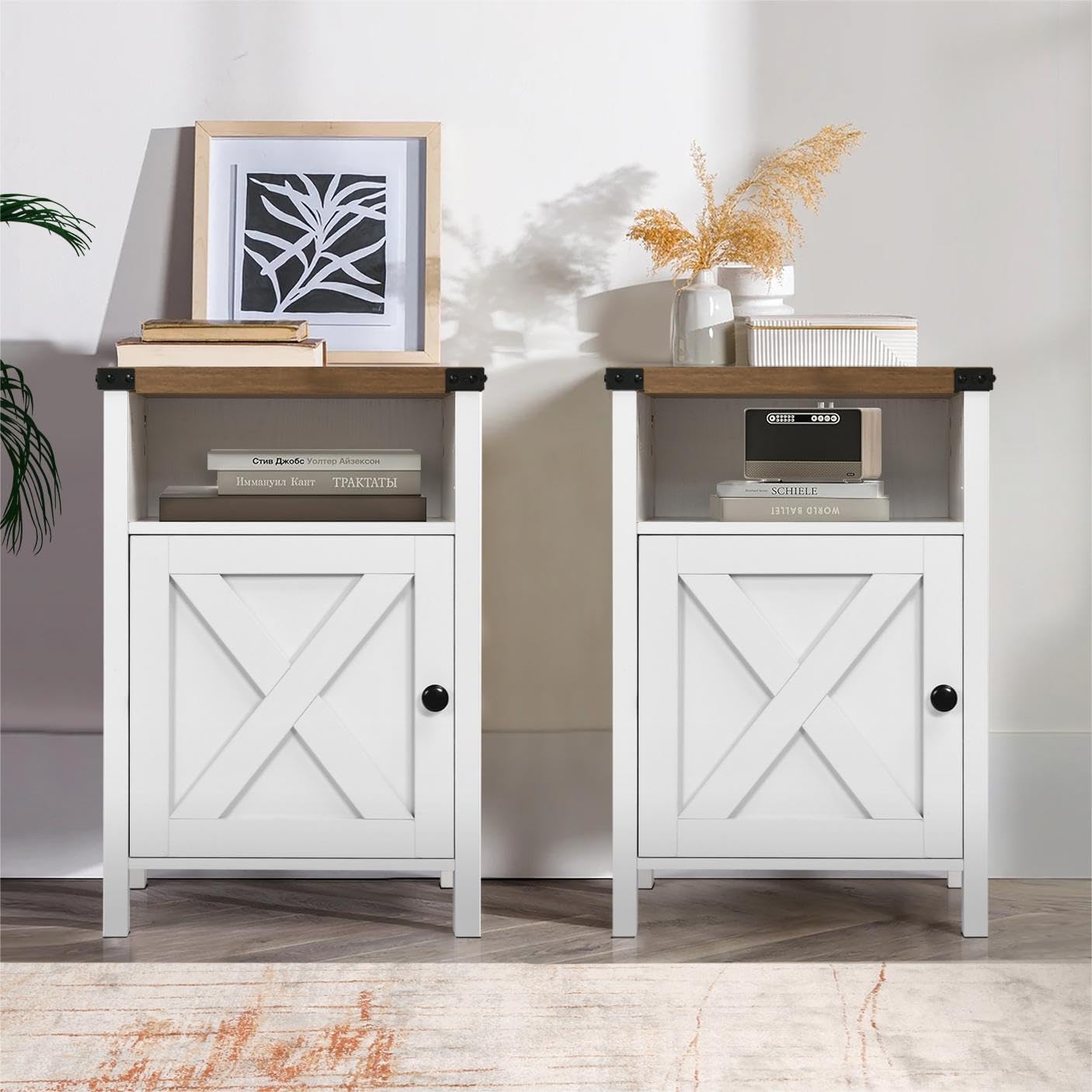 Farmhouse End Table Set of 2 - Rustic Night Stand with Barn Door & Storage Shelf - White Side Table for Bedroom, Living Room - Perfect for Farmhouse Decor & Small Space Storage