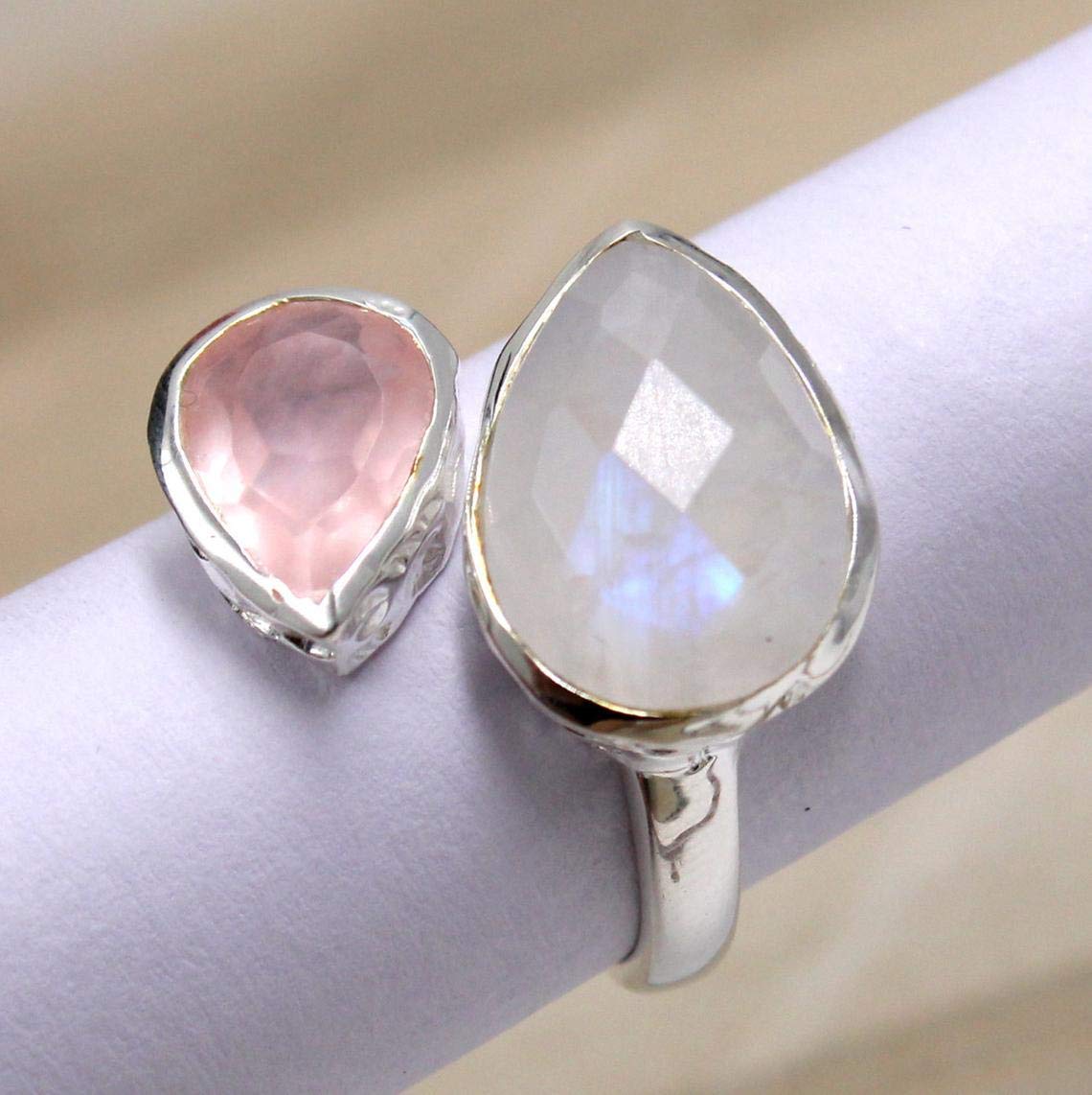 925 Silver Moonstone & Rose Quartz Front Open Ring - Unisex Anniversary & Valentine's Gift for Her/Him, Bridesmaid Jewelry - Perfect for Weddings, Proposals & Romantic Occasions
